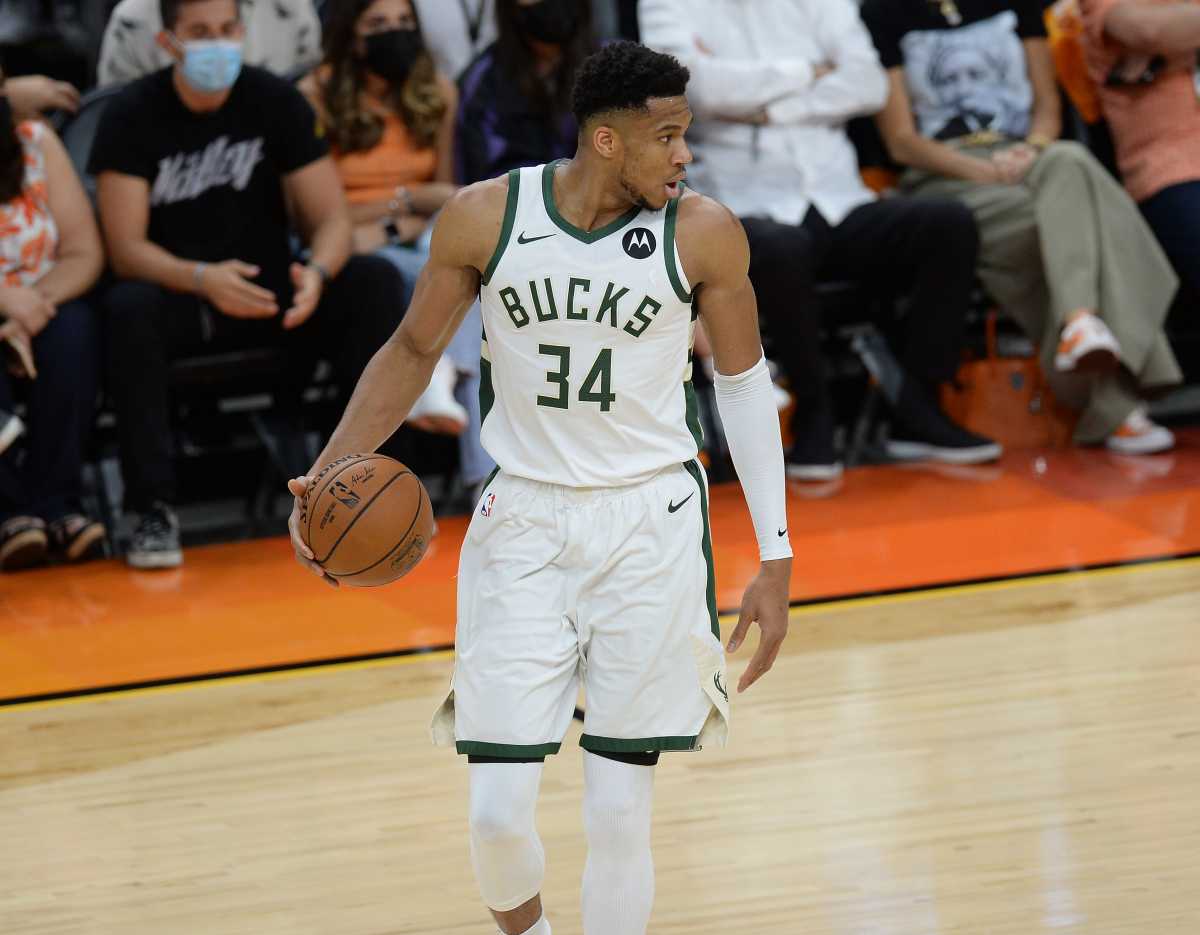 Jul 6, 2021; Phoenix, Arizona, USA; Milwaukee Bucks forward Giannis Antetokounmpo (34) reacts against the Phoenix Suns during the first half in game one of the 2021 NBA Finals at Phoenix Suns Arena. Mandatory Credit: Joe Camporeale-USA TODAY Sports