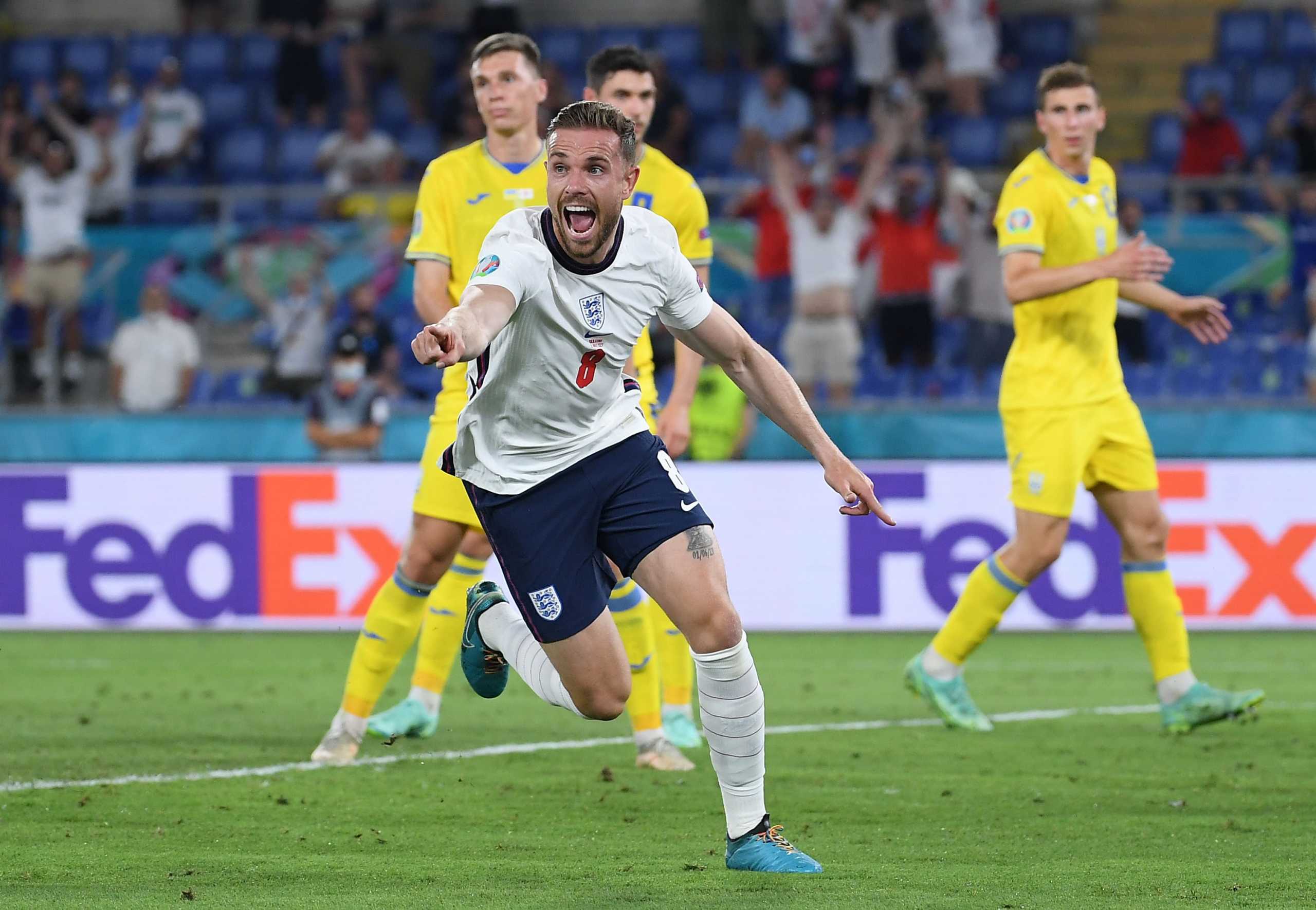 Soccer Football - Euro 2020 - Quarter Final - Ukraine v England - Stadio Olimpico, Rome, Italy - July 3, 2021  England's Jordan Henderson celebrates scoring their fourth goal Pool via REUTERS