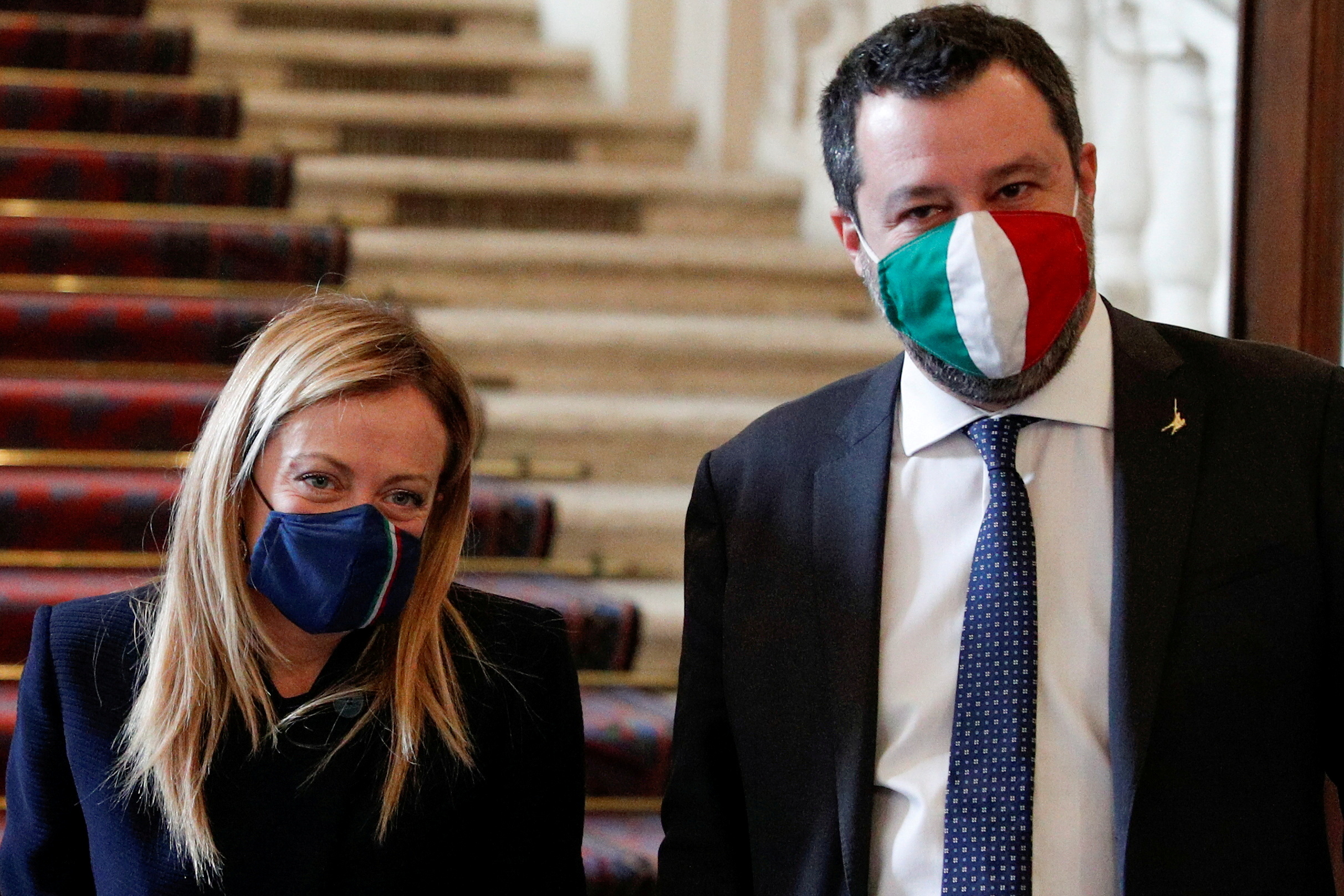 FILE PHOTO: Brothers of Italy leader Giorgia Meloni and League party leader Matteo Salvini leave after a meeting with Italian President Sergio Mattarella at the Quirinale Palace in Rome, Italy January 29, 2021. REUTERS