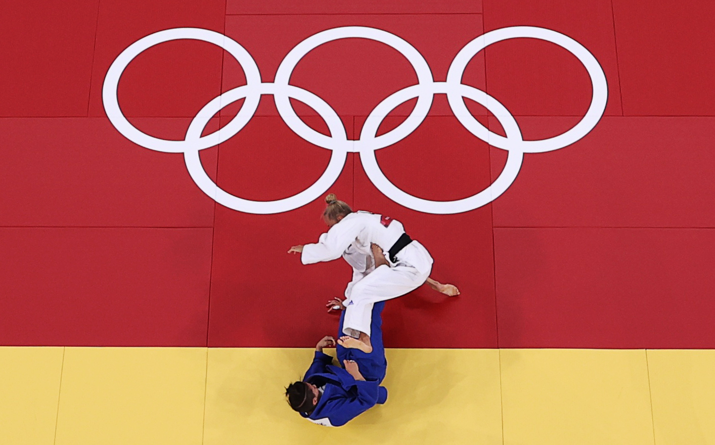 Tokyo 2020 Olympics - Judo -  Women's 48kg - Semifinal - Nippon Budokan - Tokyo, Japan - July 24, 2021. Daria Bilodid of Ukraine in action against Funa Tonaki of Japan REUTERS