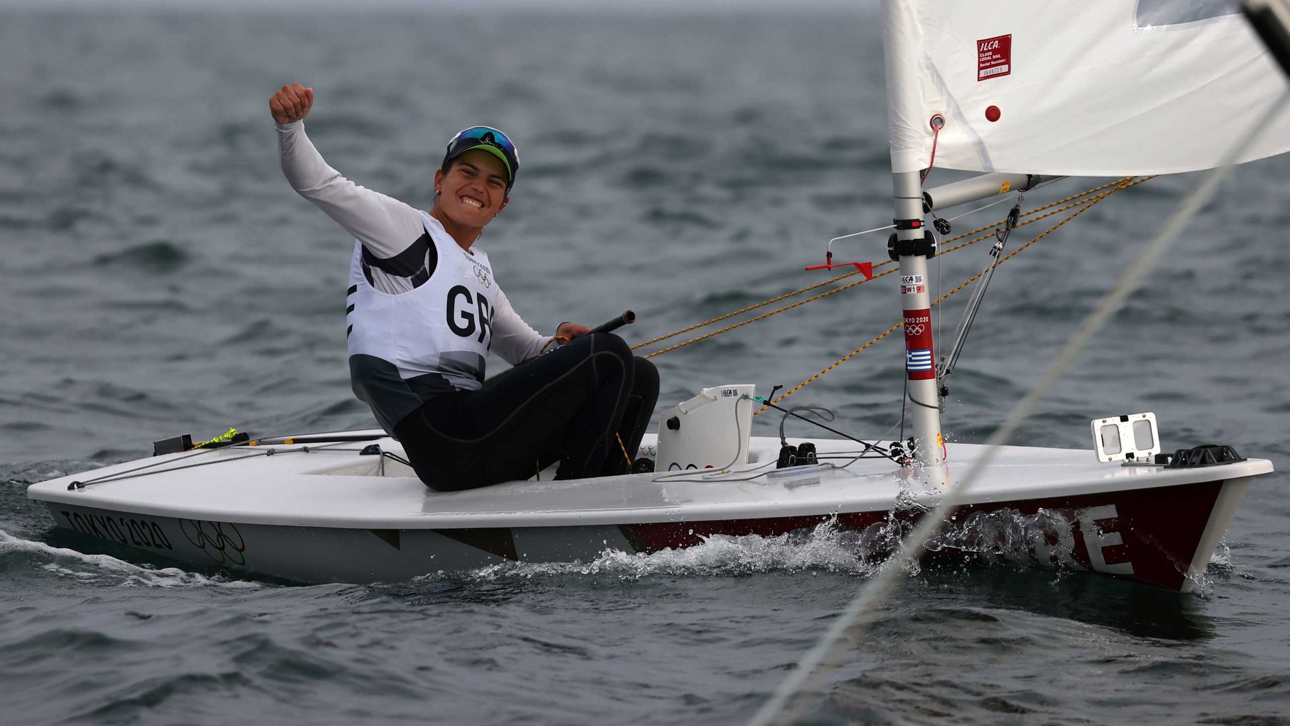 Tokyo 2020 Olympics - Sailing - Women's Laser Radial - Opening Series - Enoshima Yacht Harbour - Tokyo, Japan - July 26, 2021. Vasileia Karachaliou of Greece celebrates after competing. REUTERS