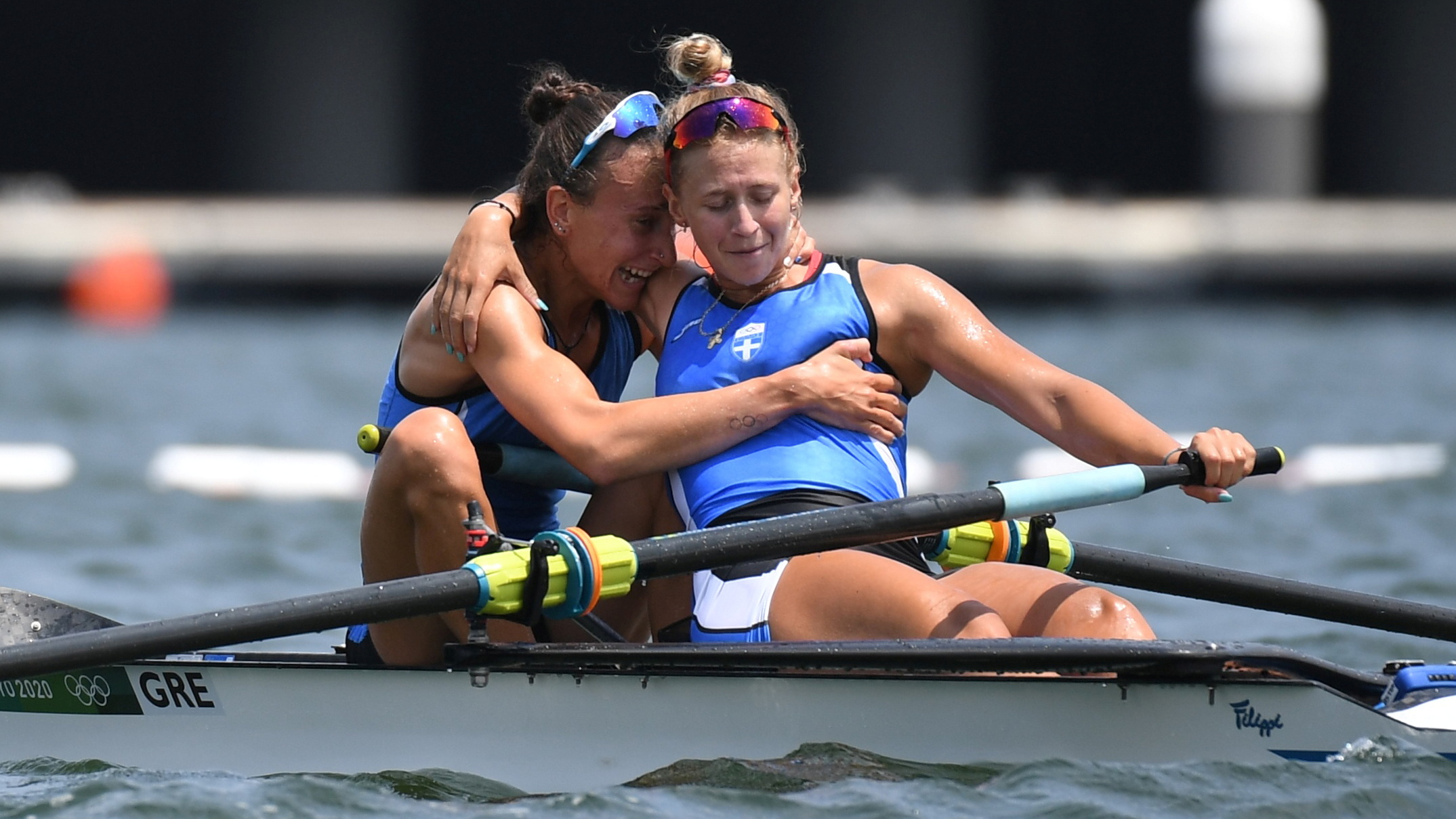 Tokyo 2020 Olympics - Rowing - Women's Pair - Semifinal 1 - Sea Forest Waterway, Tokyo, Japan - July 28, 2021. Maria Kyridou of Greece and Christina Bourmpou of Greece react after competing and finishing first in their race REUTERS