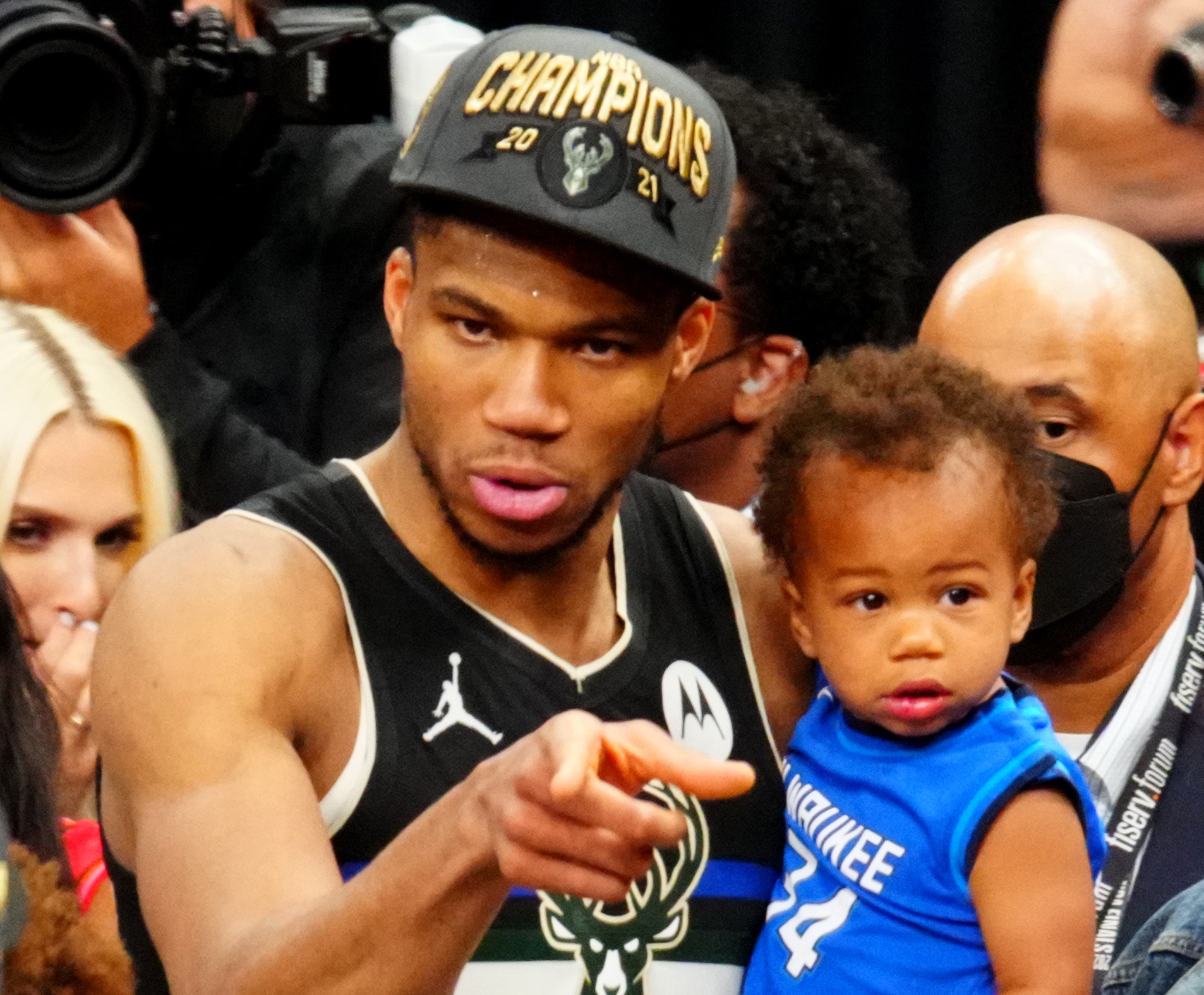 Jul 20, 2021; Milwaukee, Wisconsin, USA;  Milwaukee Bucks forward Giannis Antetokounmpo (34) celebrates after winning game six of the 2021 NBA Finals and the championship against the Phoenix Suns at Fiserv Forum. Mandatory Credit: Mark J. Rebilas-USA TODAY Sports