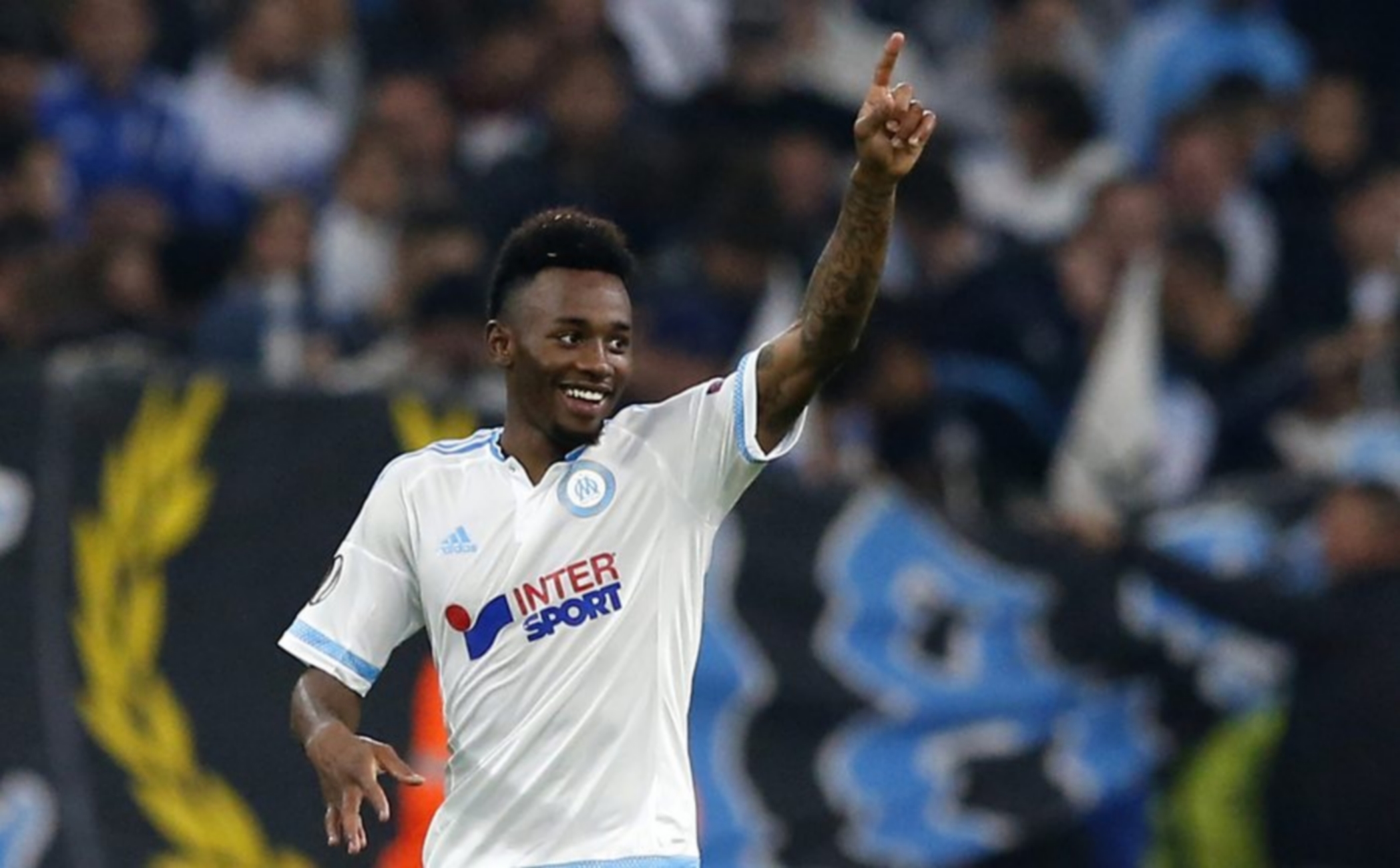 epa05012828 Georges-Kevin Nkoudou of Olympique Marseille celebrates after scoring a goal during the UEFA Europa League Group F soccer match between Olympique Marseille and SC Braga, at Velodrome stadium, Marseille, southern France, 05 November 2015.  EPA