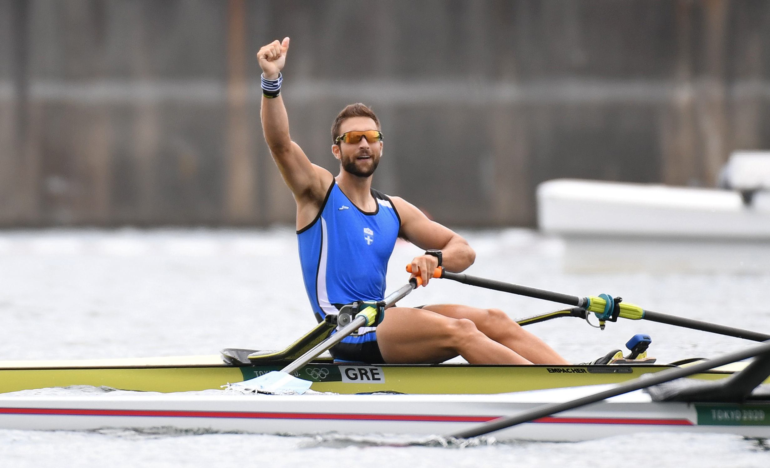 Tokyo 2020 Olympics - Rowing - Men's Single Sculls - Final A - Sea Forest Waterway, Tokyo, Japan - July 30, 2021. Stefanos Ntouskos of Greece celebrates after competing REUTERS