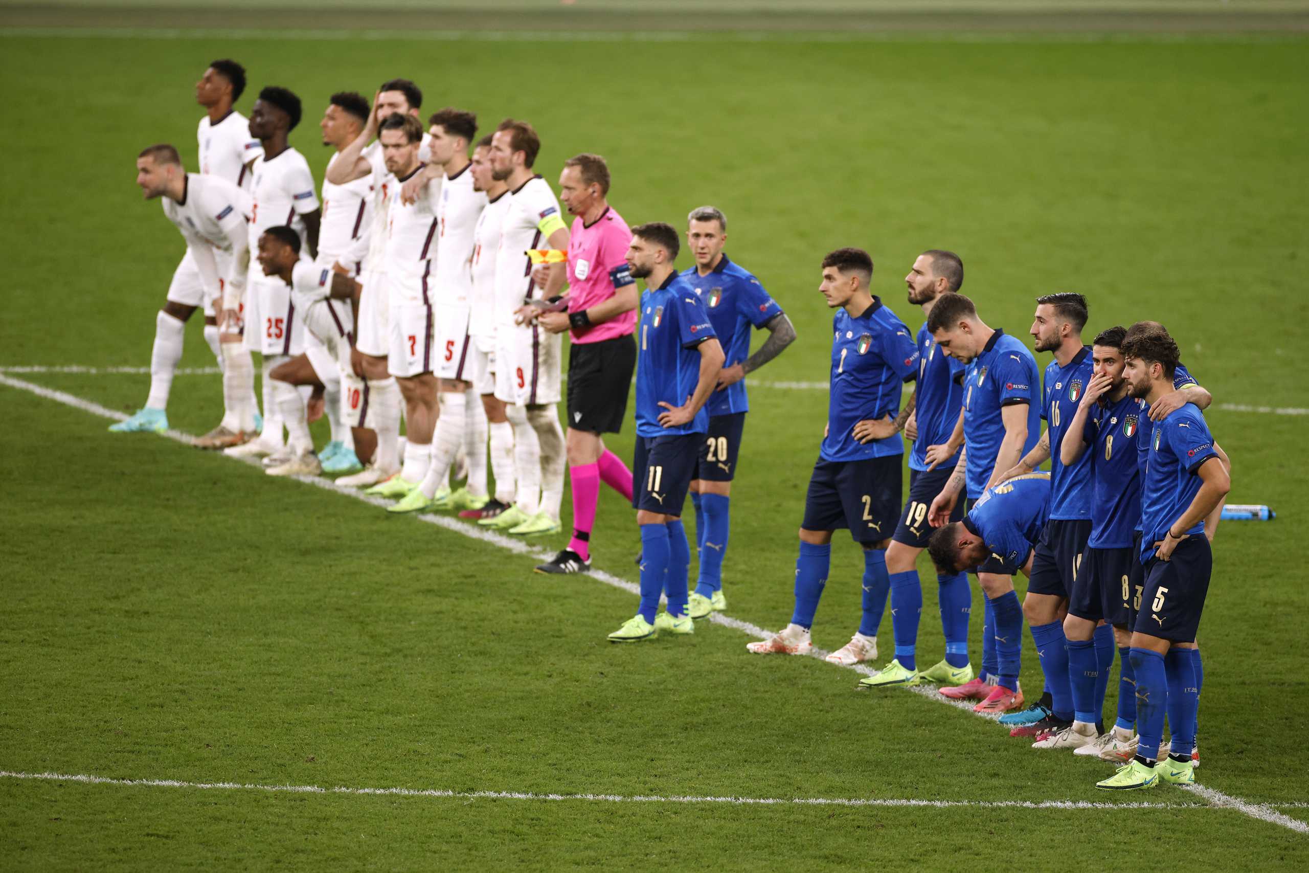 Soccer Football - Euro 2020 - Final - Italy v England - Wembley Stadium, London, Britain - July 11, 2021 Players during the penalty shoot-out Pool via REUTERS