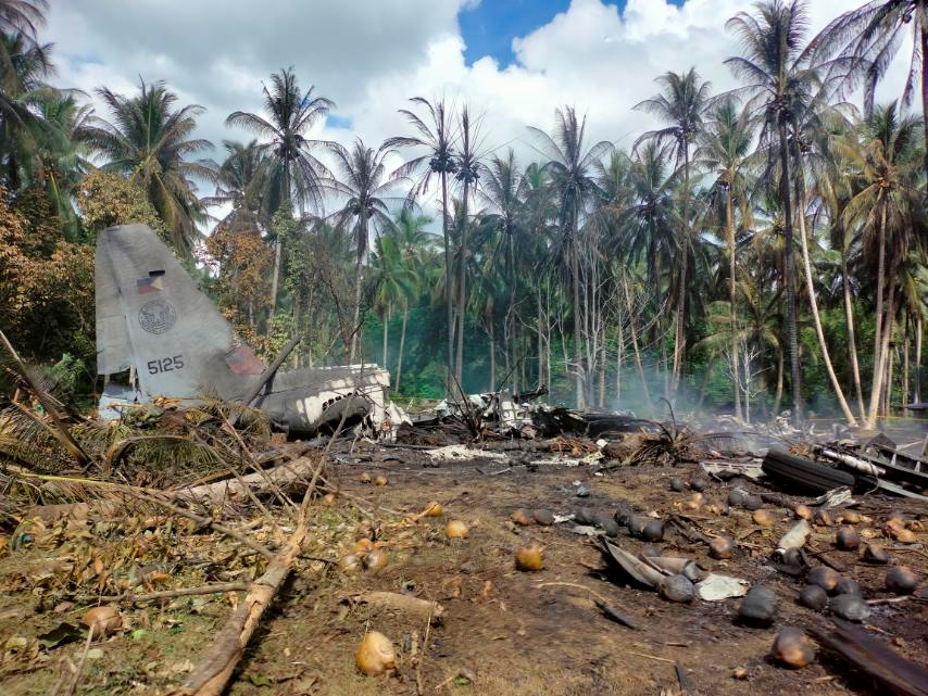 View of the site after a Philippines Air Force Lockheed C-130 plane carrying troops crashed on landing in Patikul, Sulu province, Philippines July 4, 2021. Armed Forces of the Philippines - Joint Task Force Sulu