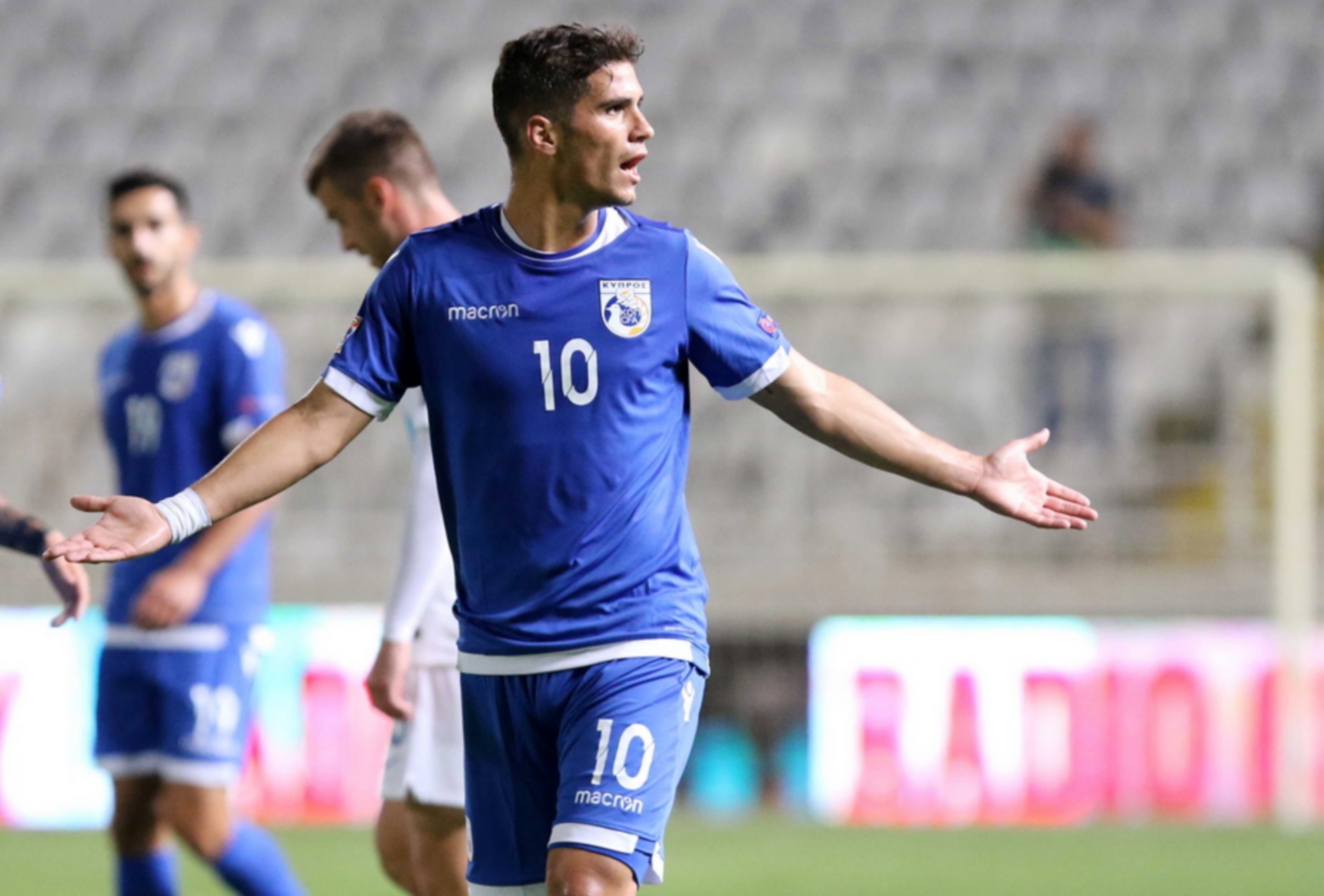 epa07008885 Cypru's Pieros Sotiriou reacts during the UEFA Nations League soccer match between Cyprus and Slovenia at the GSP stadium in Nicosia, Cyprus, 09 September 2018.  EPA