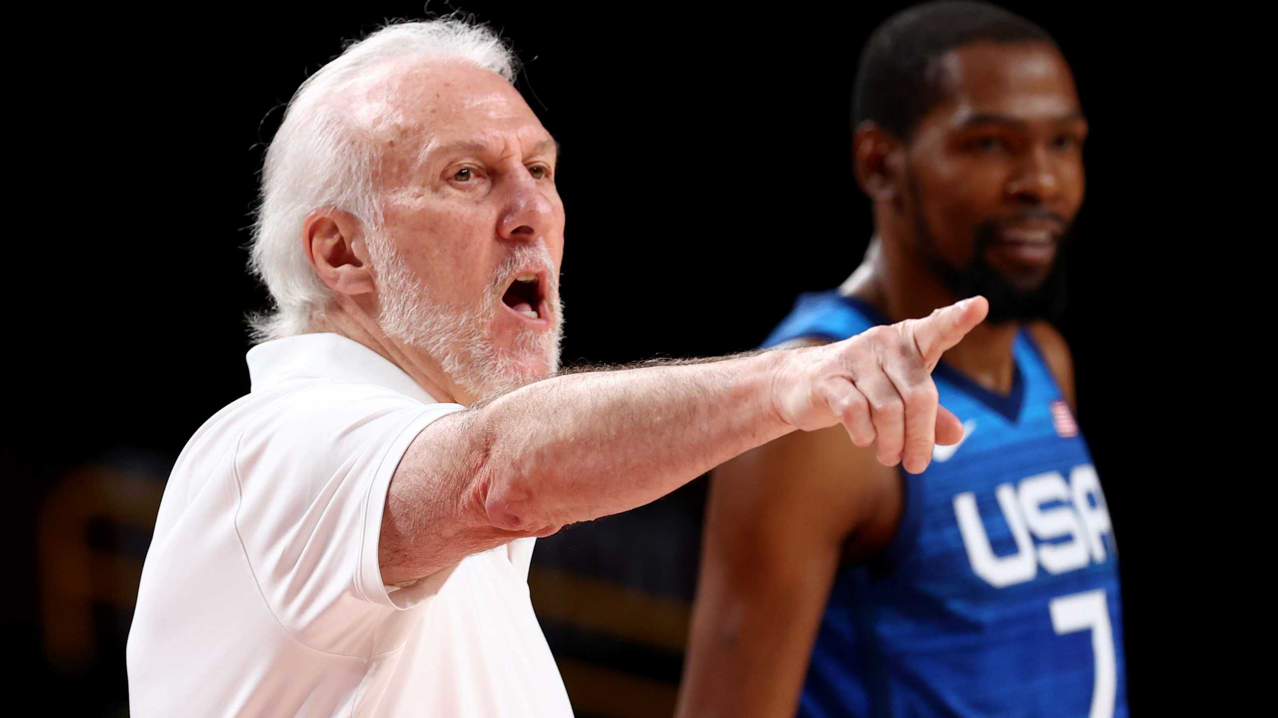 Tokyo 2020 Olympics - Basketball - Men - Group A - France v United States - Saitama Super Arena, Saitama, Japan - July 25, 2021. United States coach Gregg Popovich reacts as Kevin Durant of the United States looks on REUTERS