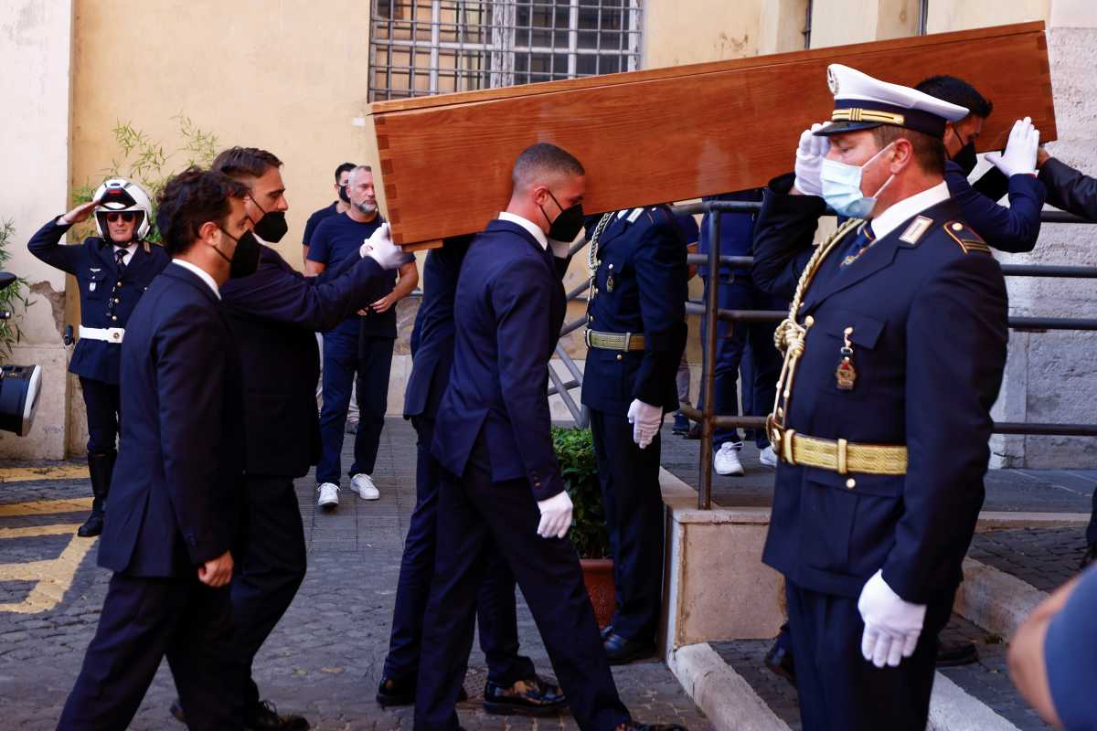 The coffin of Raffaella Carra one of Italy's best-loved singers and television presenters is carried in a final salute, in Rome, Italy, July 7, 2021. REUTERS