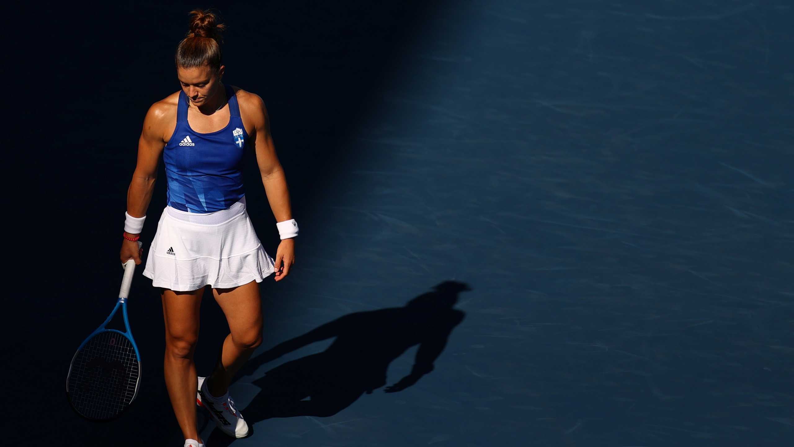 Tokyo 2020 Olympics - Tennis - Women's Singles - Round 3 - Ariake Tennis Park - Tokyo, Japan - July 27, 2021. Maria Sakkari of Greece reacts during her third round match against Elina Svitolina of Ukraine REUTERS