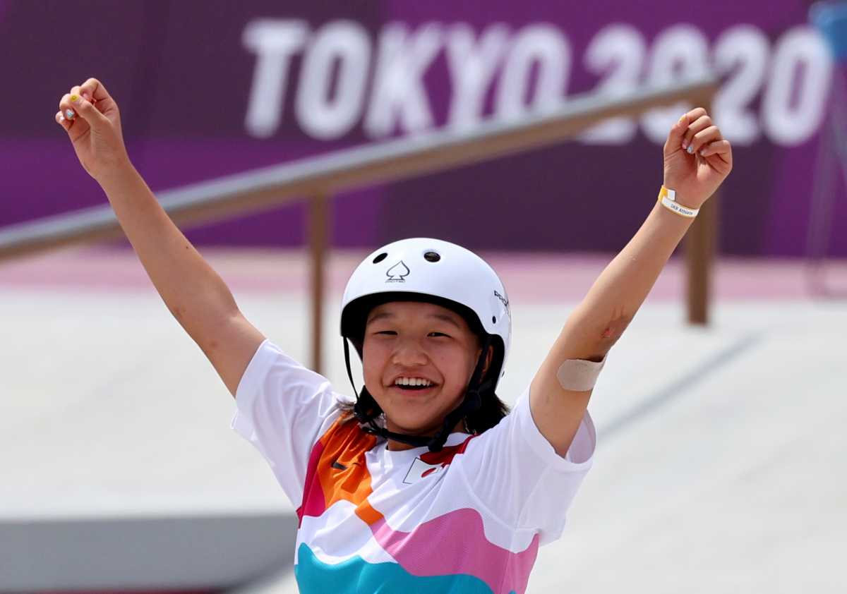 Tokyo 2020 Olympics - Skateboarding - Women's Street - Final - Ariake Urban Sports Park - Tokyo, Japan - July 26, 2021. Gold medalist Momiji Nishiya of Japan celebrates. REUTERS