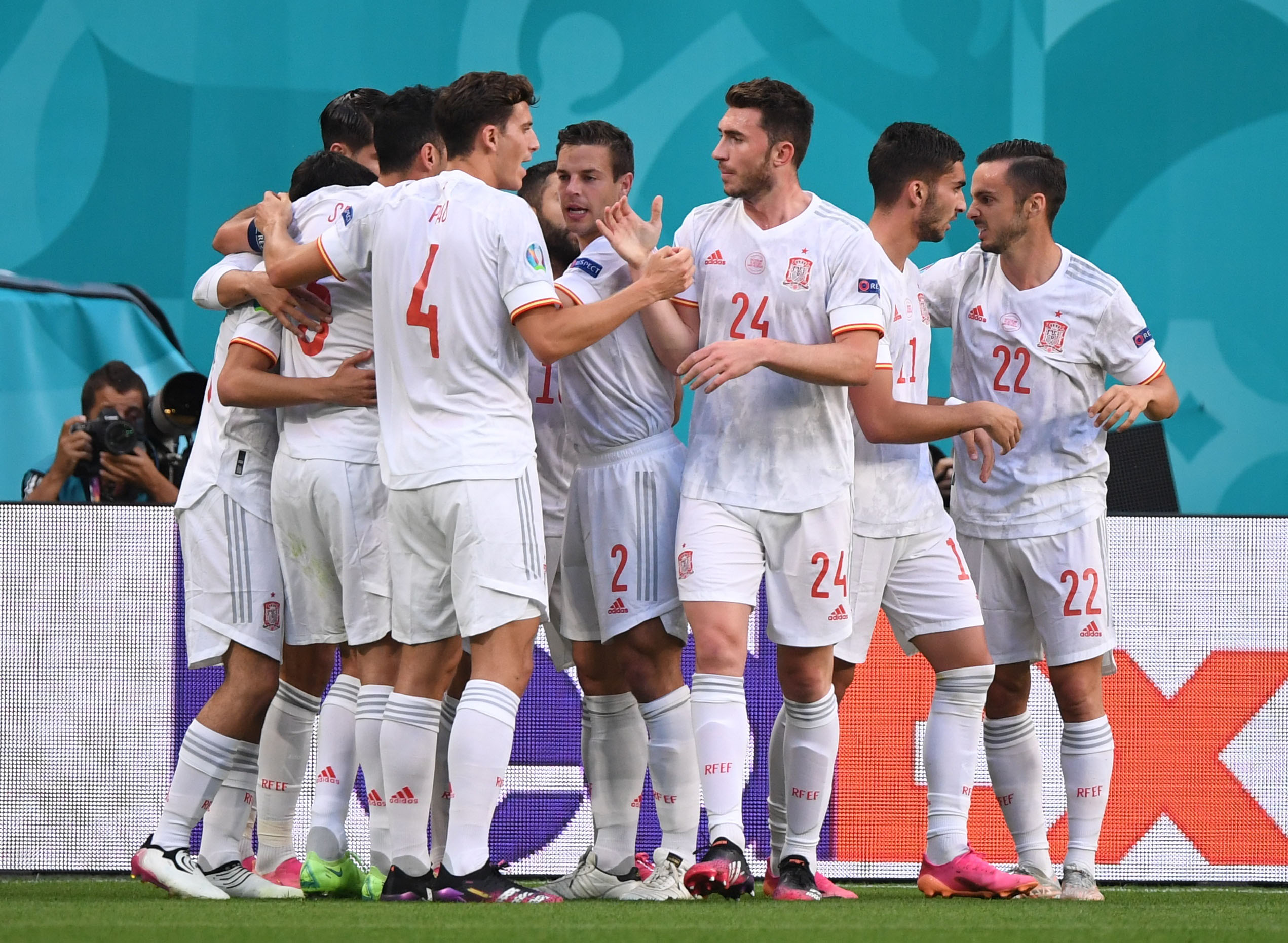 Soccer Football - Euro 2020 - Quarter Final - Switzerland v Spain - Saint Petersburg Stadium, Saint Petersburg, Russia - July 2, 2021 Spain's players celebrate after Switzerland's Denis Zakaria scores an own goal and the first for Spain Pool via REUTERS