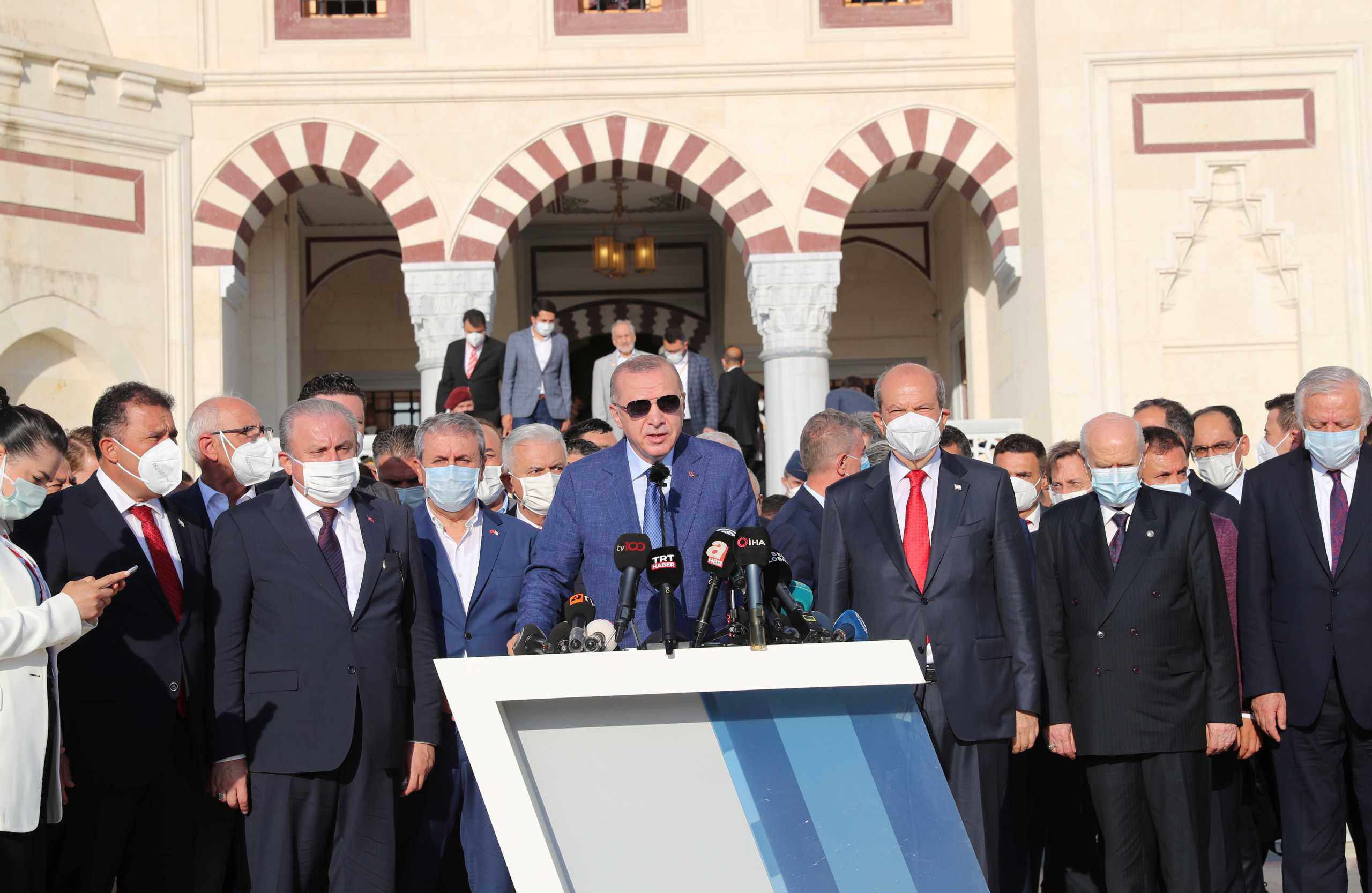 Turkish President Tayyip Erdogan addresses the media members after attending Eid al-Adha prayers during the second day of his official visit to the Turkish Republic of Northern Cyprus, a breakaway state recognised only by Turkey, in northern Nicosia, Cyprus July 20, 2021. Murat Cetinmuhurdar