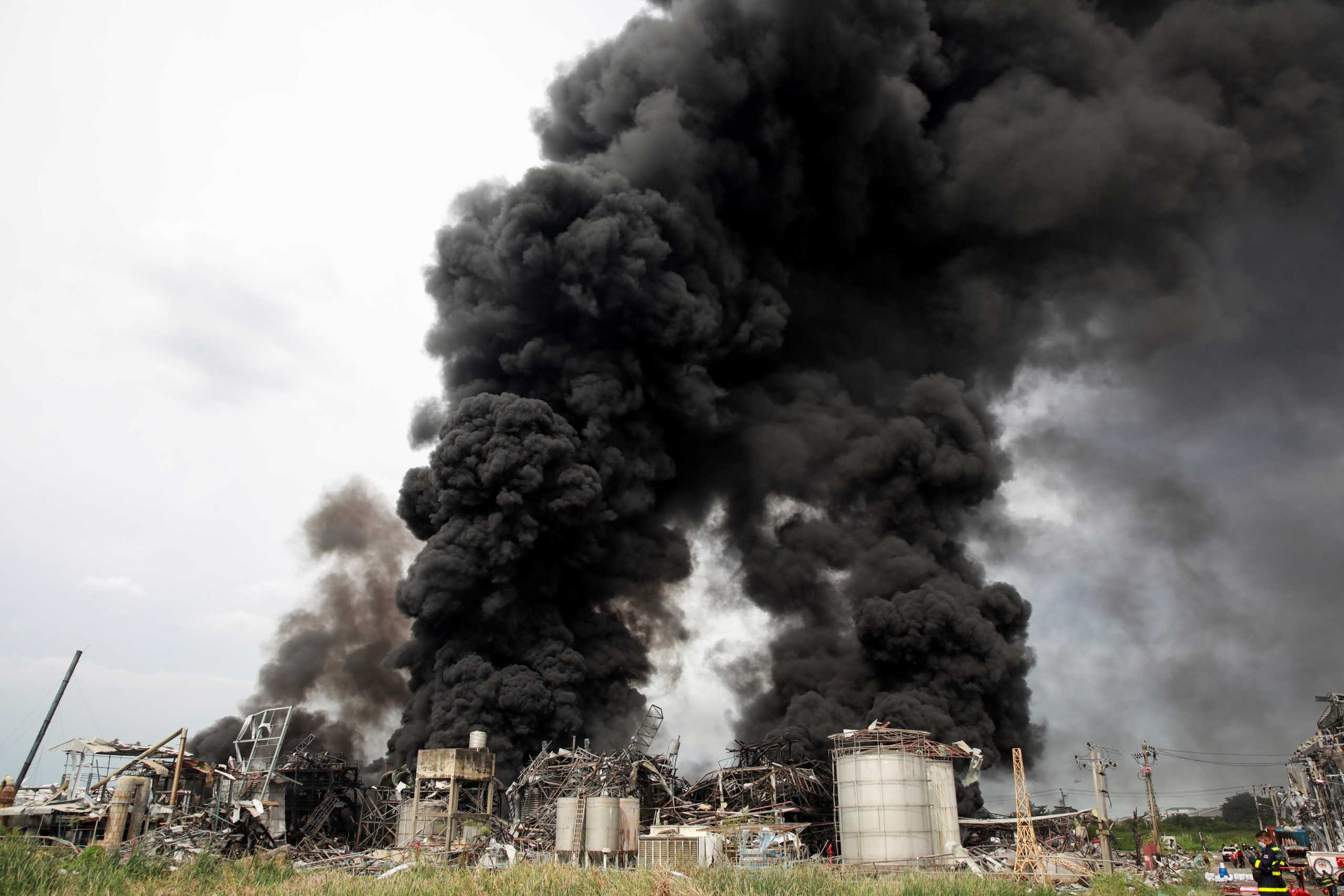 Smoke rises from a plastic factory after an explosion in Samut Prakan, outside Bangkok, Thailand July 5, 2021. REUTERS