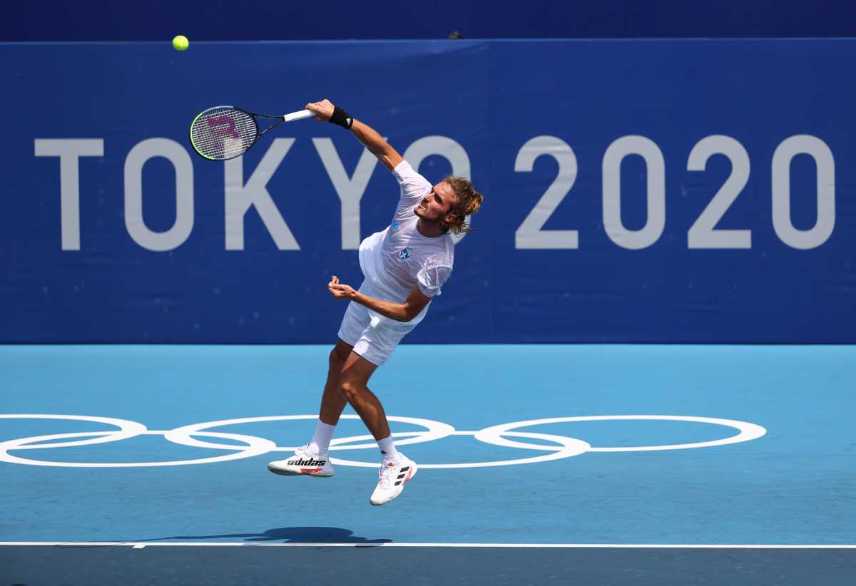Tokyo 2020 Olympics - Tennis Training - Ariake Tennis Park, Tokyo, Japan - July 23, 2021 - Stefanos Tsitsipas of Greece during training. REUTERS