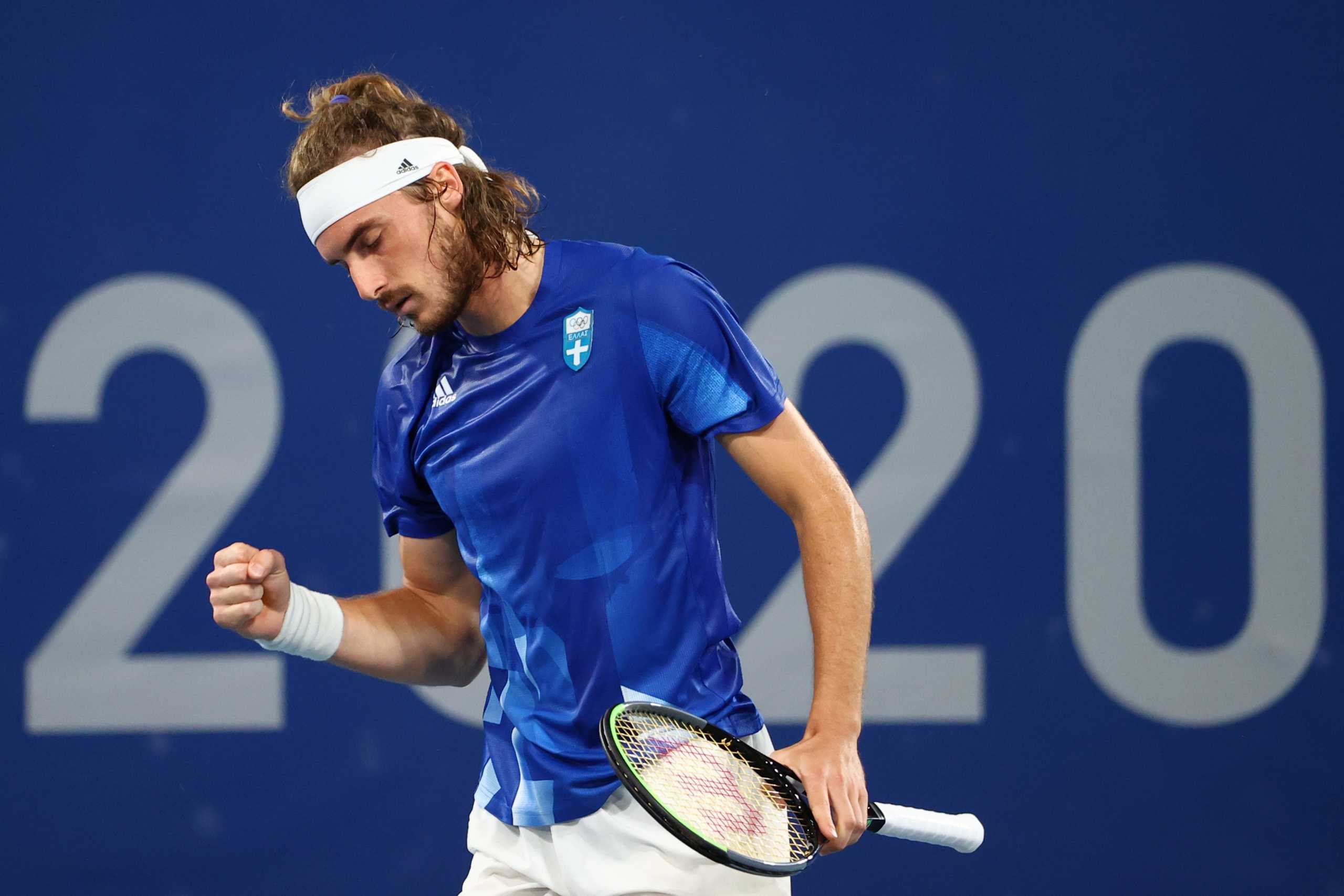 Tokyo 2020 Olympics - Tennis - Men's Singles - Round 2 - Ariake Tennis Park - Tokyo, Japan - July 27, 2021. Stefanos Tsitsipas of Greece reacts during his second round match against Frances Tiafoe of the United States REUTERS