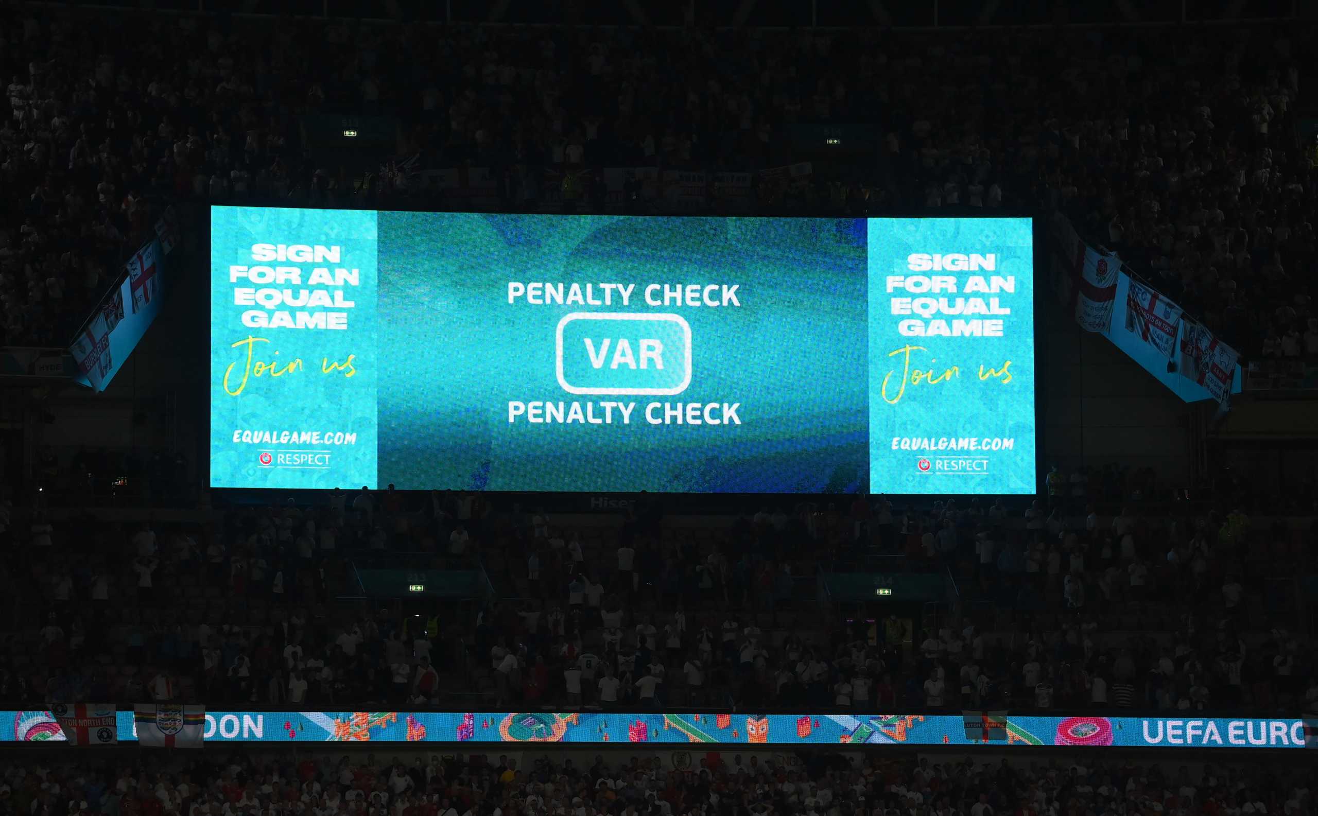 Soccer Football - Euro 2020 - Semi Final - England v Denmark - Wembley Stadium, London, Britain - July 7, 2021 VAR displayed as it's checking the penalty for the foul on England's Raheem Sterling by Denmark's Joakim Maehle Pool via REUTERS