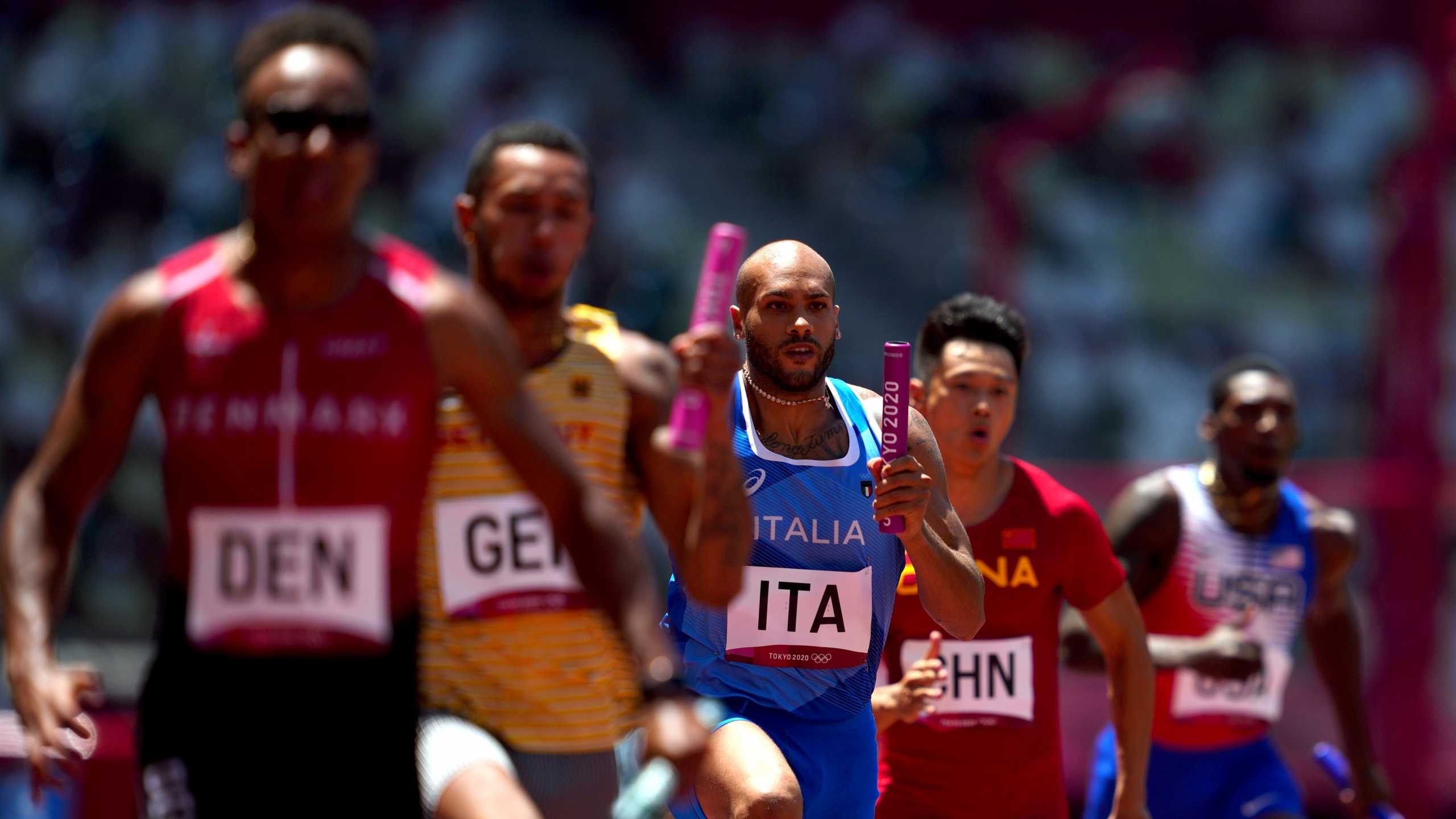 Tokyo 2020 Olympics - Athletics - Men's 4 x 100m Relay - Round 1 - Olympic Stadium, Tokyo, Japan - August 5, 2021. Lamont Marcell Jacobs of Italy in action REUTERS