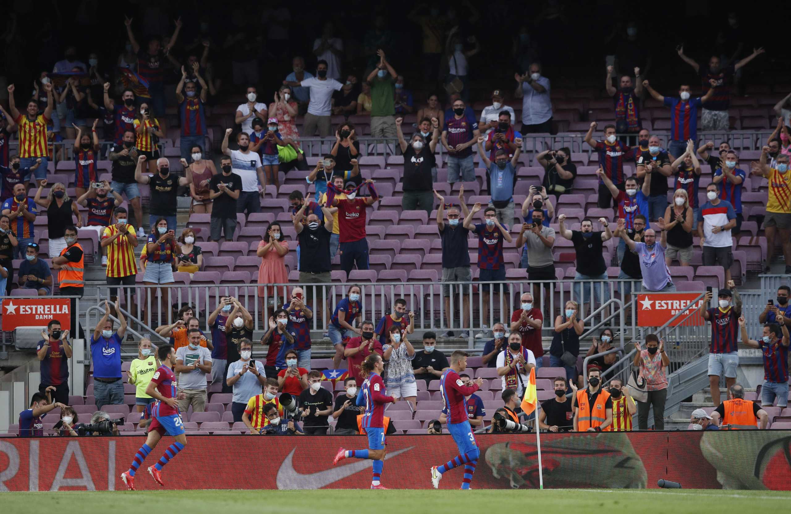 Soccer Football - LaLiga - FC Barcelona v Real Sociedad - Camp Nou, Barcelona, Spain - August 15, 2021 Barcelona's Gerard Pique celebrates scoring their first goal REUTERS