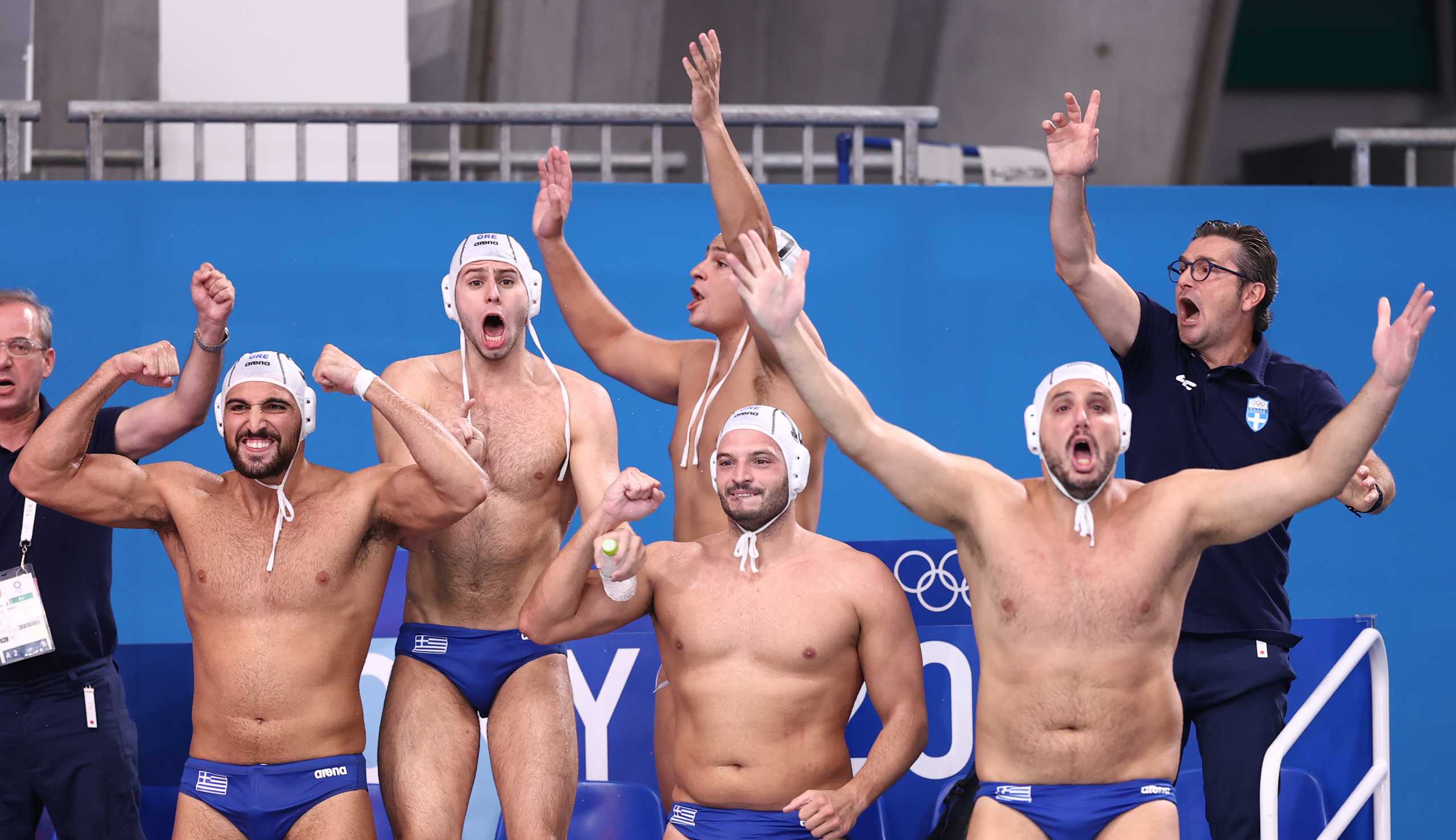 Tokyo 2020 Olympics - Water Polo - Men - Semifinal - Greece v Hungary -  Tatsumi Water Polo Centre, Tokyo, Japan – August 6, 2021. Greece's team members react REUTERS