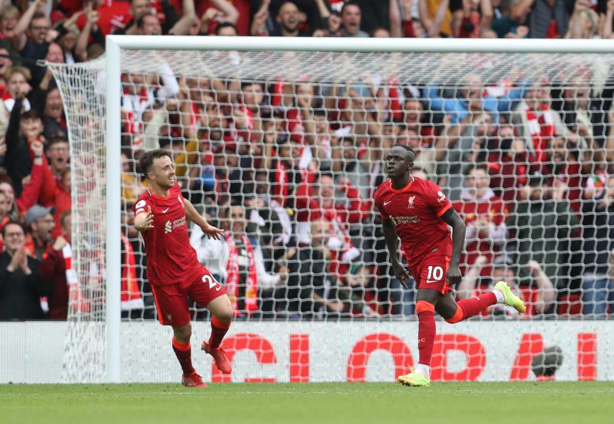 Soccer Football - Premier League - Liverpool v Burnley - Anfield, Liverpool, Britain - August 21, 2021 Liverpool's Sadio Mane celebrates scoring their second goal with Diogo Jota REUTERS