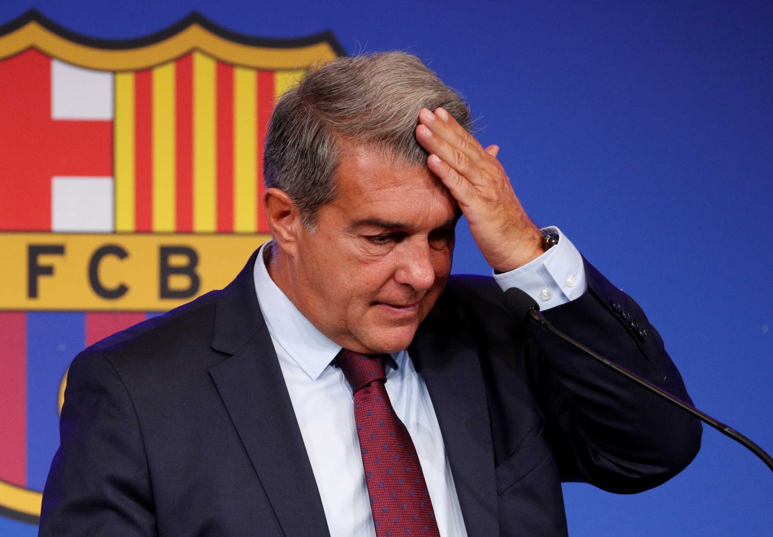 Soccer Football - FC Barcelona Press Conference - 1899 Auditorium, Barcelona, Spain - August 6, 2021 FC Barcelona president Joan Laporta during the press conference REUTERS