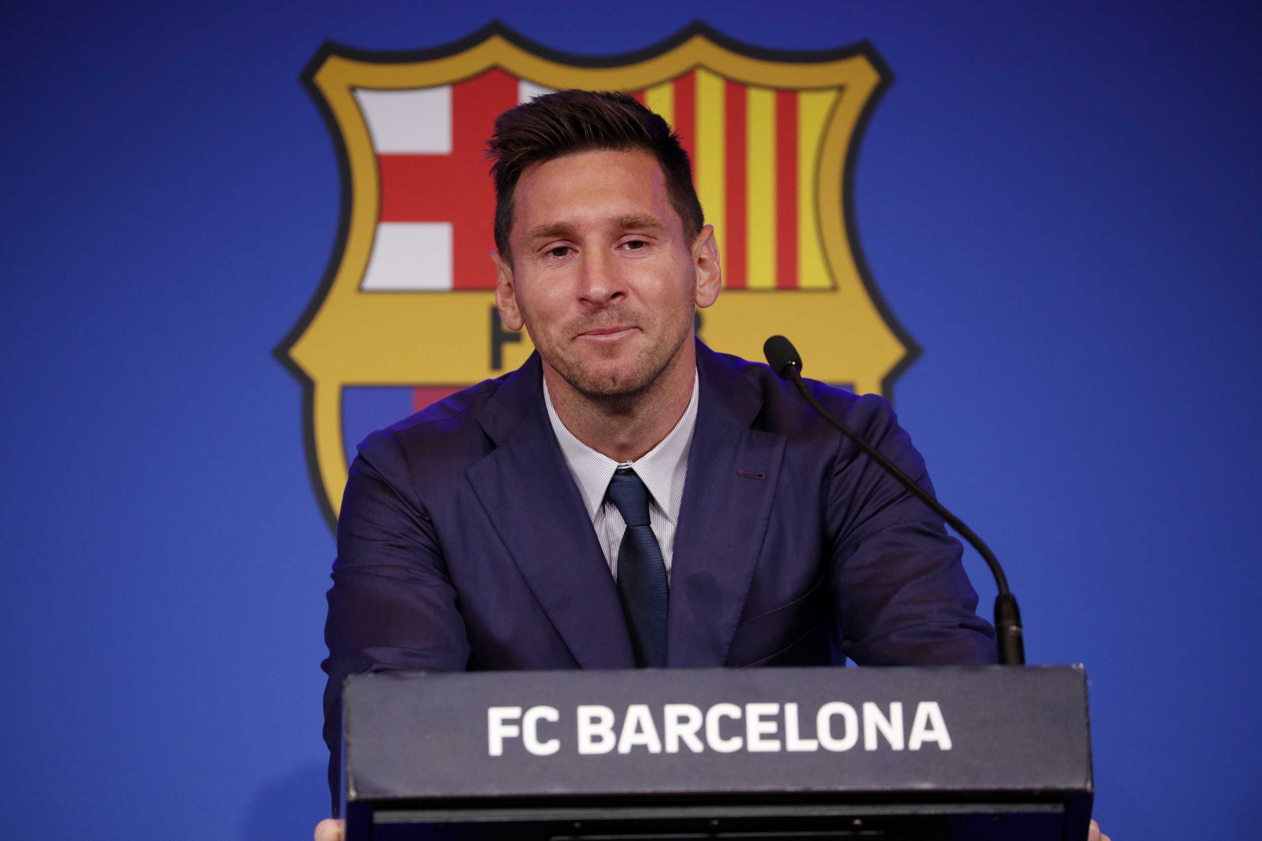 Soccer Football - Lionel Messi holds an FC Barcelona press conference - 1899 Auditorium, Camp Nou, Barcelona, Spain - August 8, 2021 Lionel Messi during the press conference REUTERS