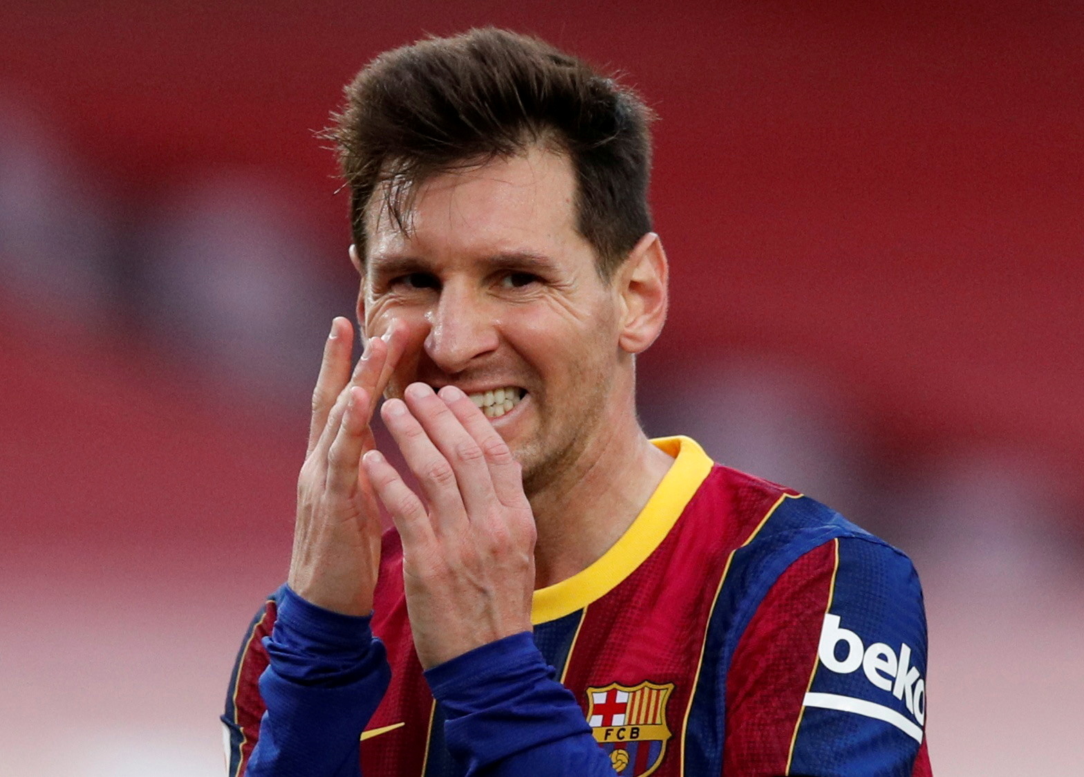 FILE PHOTO: Soccer Football - La Liga Santander - FC Barcelona v Celta Vigo - Camp Nou, Barcelona, Spain - May 16, 2021 Barcelona's Lionel Messi reacts REUTERS