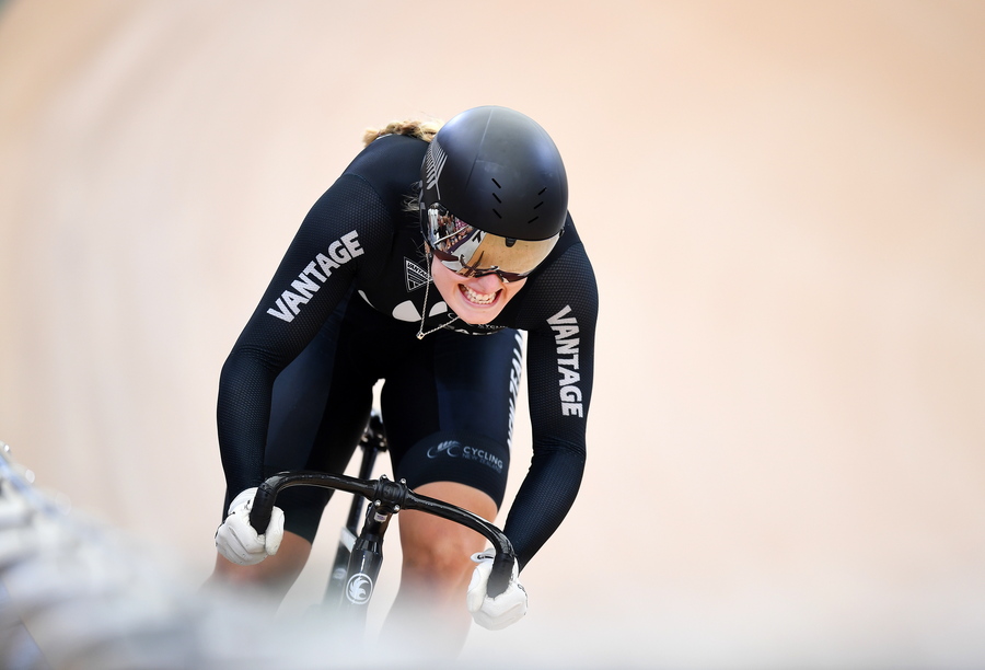epa08070074 Olivia Podmore of New Zealand competes in the women's sprint event at the Tissot UCI Track Cycling World Cup at the Anna Meares Velodrome in Brisbane, Australia, 14 December 2019.  EPA