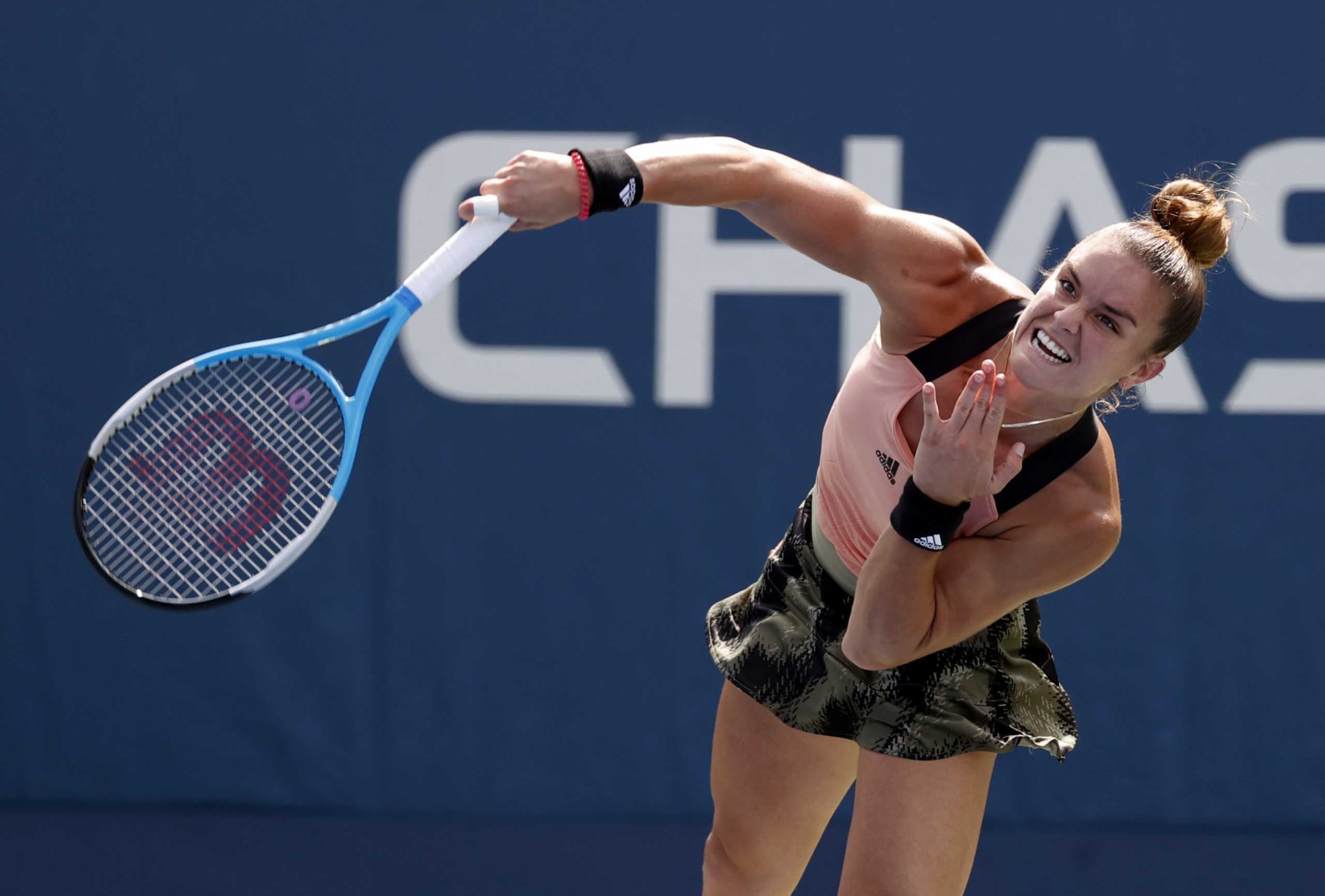 Aug 31, 2021; Flushing, NY, USA;  Maria Sakkari of Greece serves against Marta Kostyuk of Ukraine in a first round match on day two of the 2021 U.S. Open tennis tournament at USTA Billie King National Tennis Center. Mandatory Credit: Jerry Lai-USA TODAY Sports
