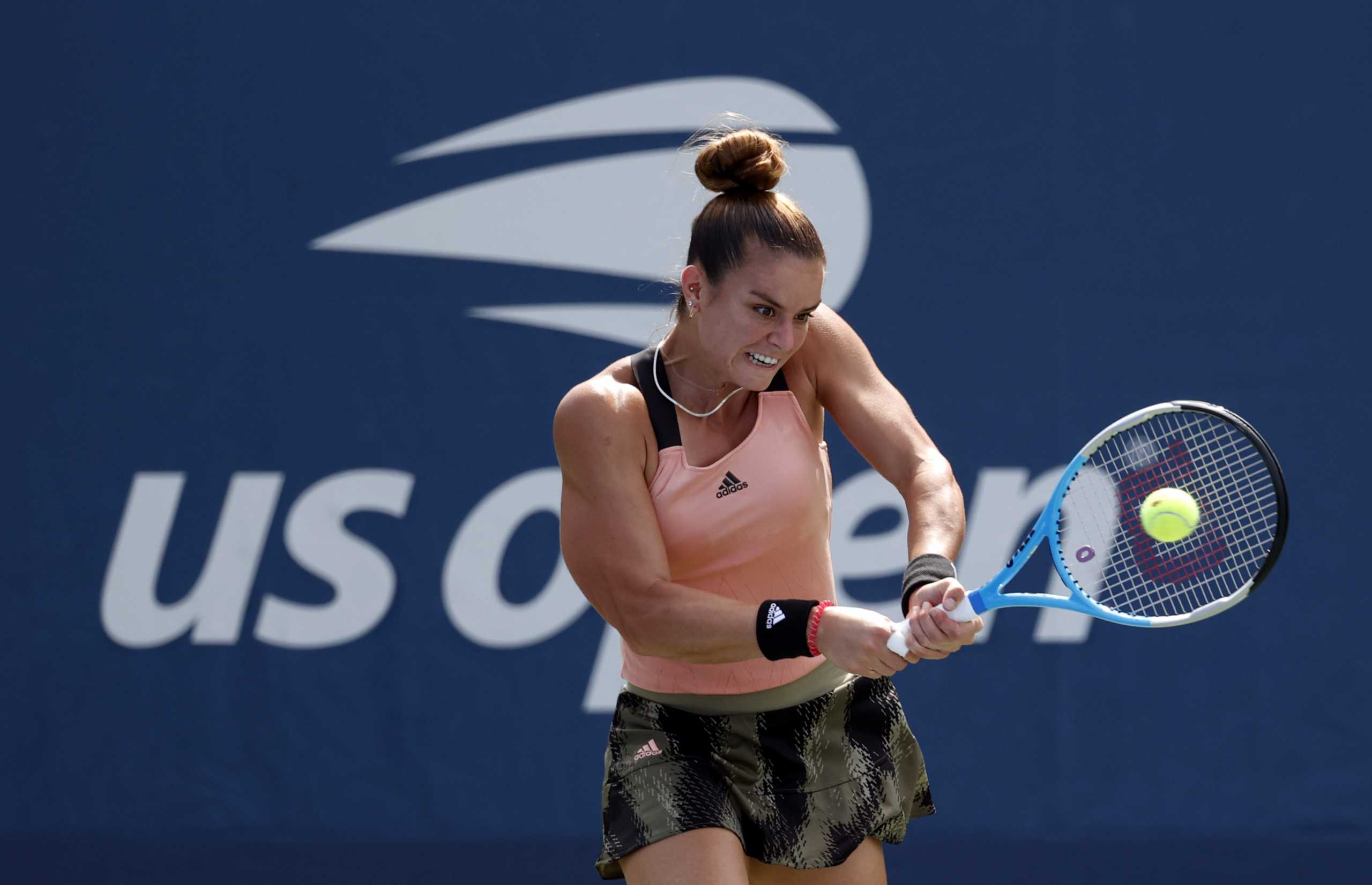 Aug 31, 2021; Flushing, NY, USA;  Maria Sakkari of Greece in action against Marta Kostyuk of Ukraine in a first round match on day two of the 2021 U.S. Open tennis tournament at USTA Billie King National Tennis Center. Mandatory Credit: Jerry Lai-USA TODAY Sports