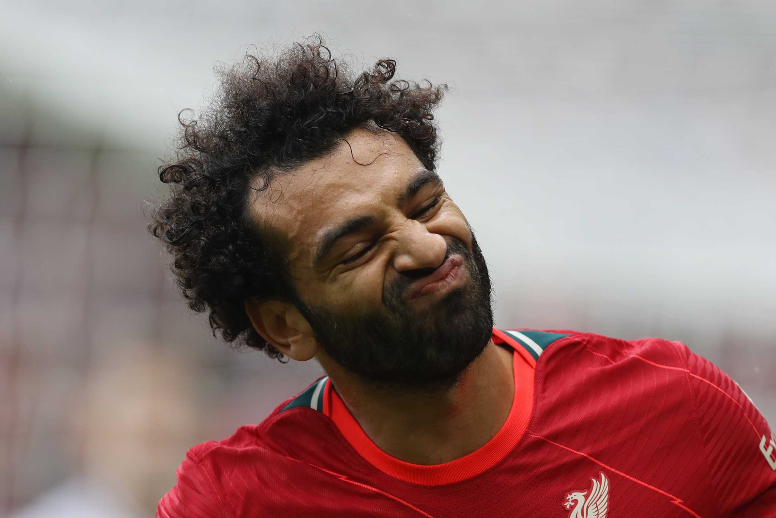 Soccer Football - Premier League - Liverpool v Burnley - Anfield, Liverpool, Britain - August 21, 2021 Liverpool's Mohamed Salah celebrates scoring their second goal before it is disallowed REUTERS