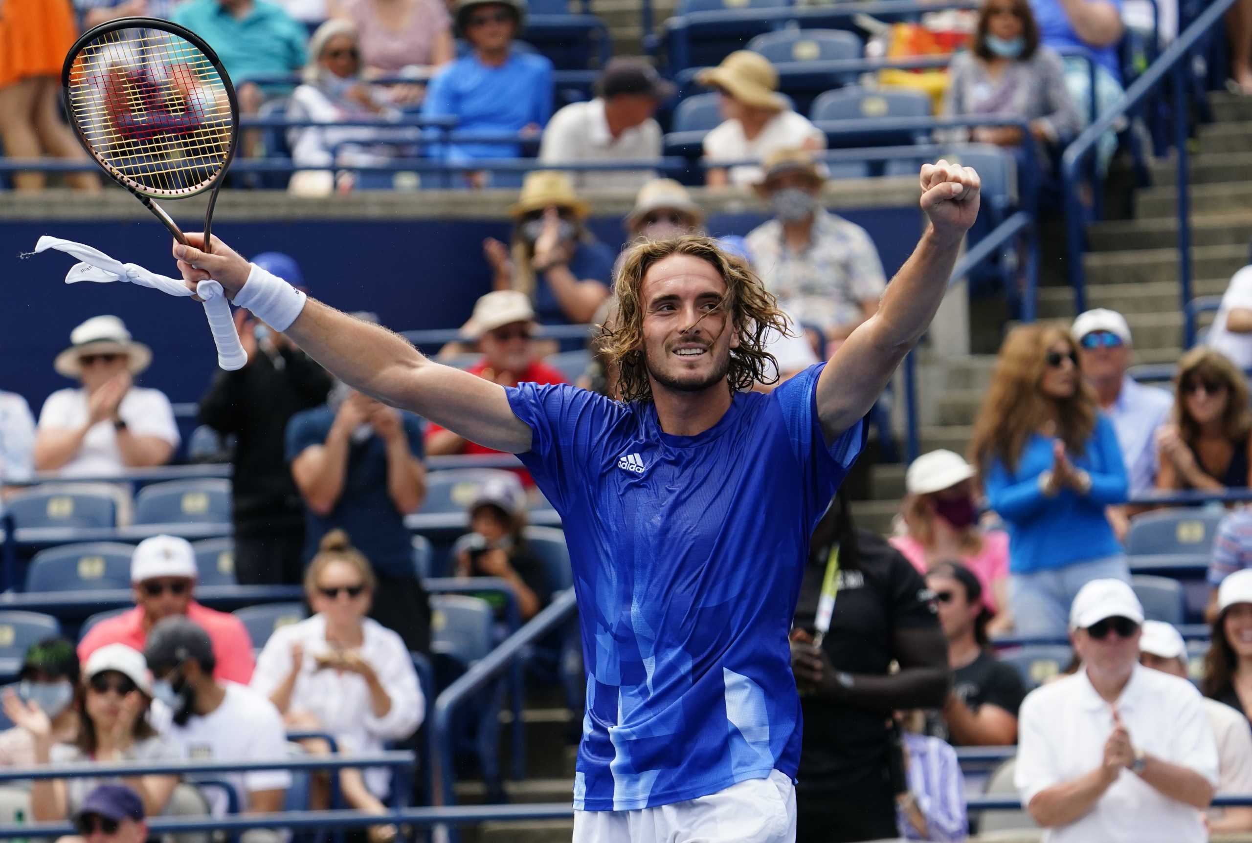 Aug 13, 2021; Toronto, Ontario, Canada; Stefanos Tsitsipas of Greece celebrates a win over Casper Ruud of Norway (not pictured) at Aviva Centre. Mandatory Credit: John E. Sokolowski-USA TODAY Sports