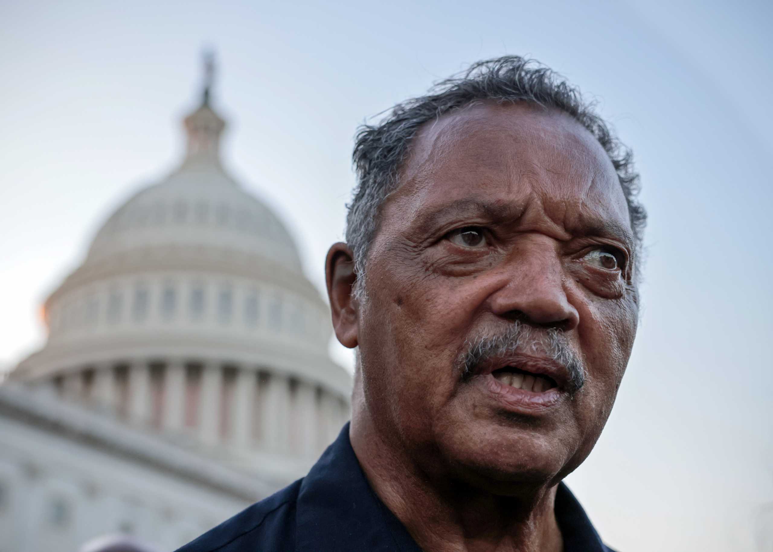 Reverend Jesse Jackson stops by a demonstration outside the U.S. Capitol to protest the expiration of the federal moratorium on residential evictions in Washington, U.S., August 2, 2021. REUTERS
