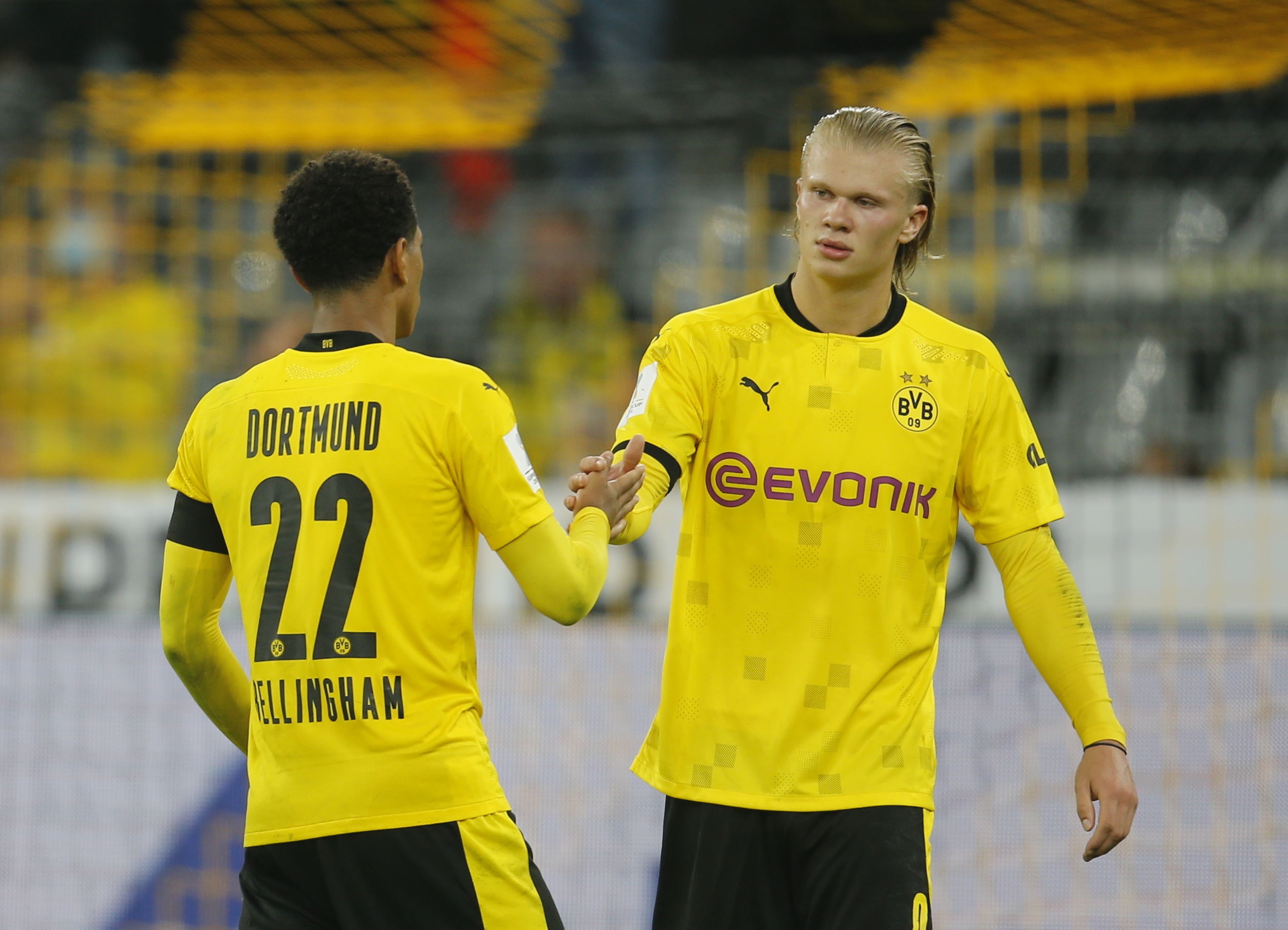 Soccer Football - DFL Super Cup - Borussia Dortmund v Bayern Munich - Signal Iduna Park, Dortmund, Germany - August 17, 2021 Borussia Dortmund's Erling Braut Haaland with Jude Bellingham after the match REUTERS
