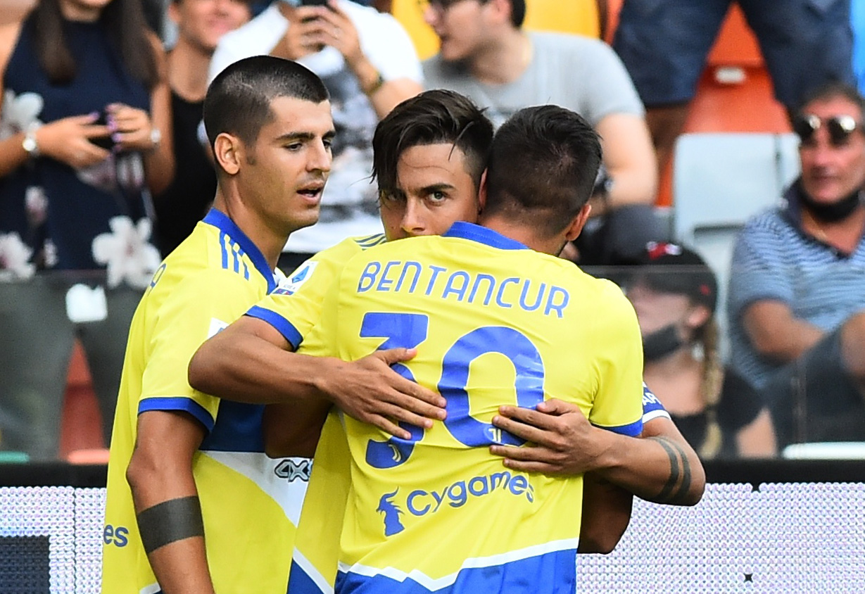 Soccer Football - Italy - Serie A - Udinese v Juventus - Dacia Arena, Udine, Italy - August 22, 2021 Juventus' Paulo Dybala celebrates scoring their first goal with Rodrigo Bentancur REUTERS