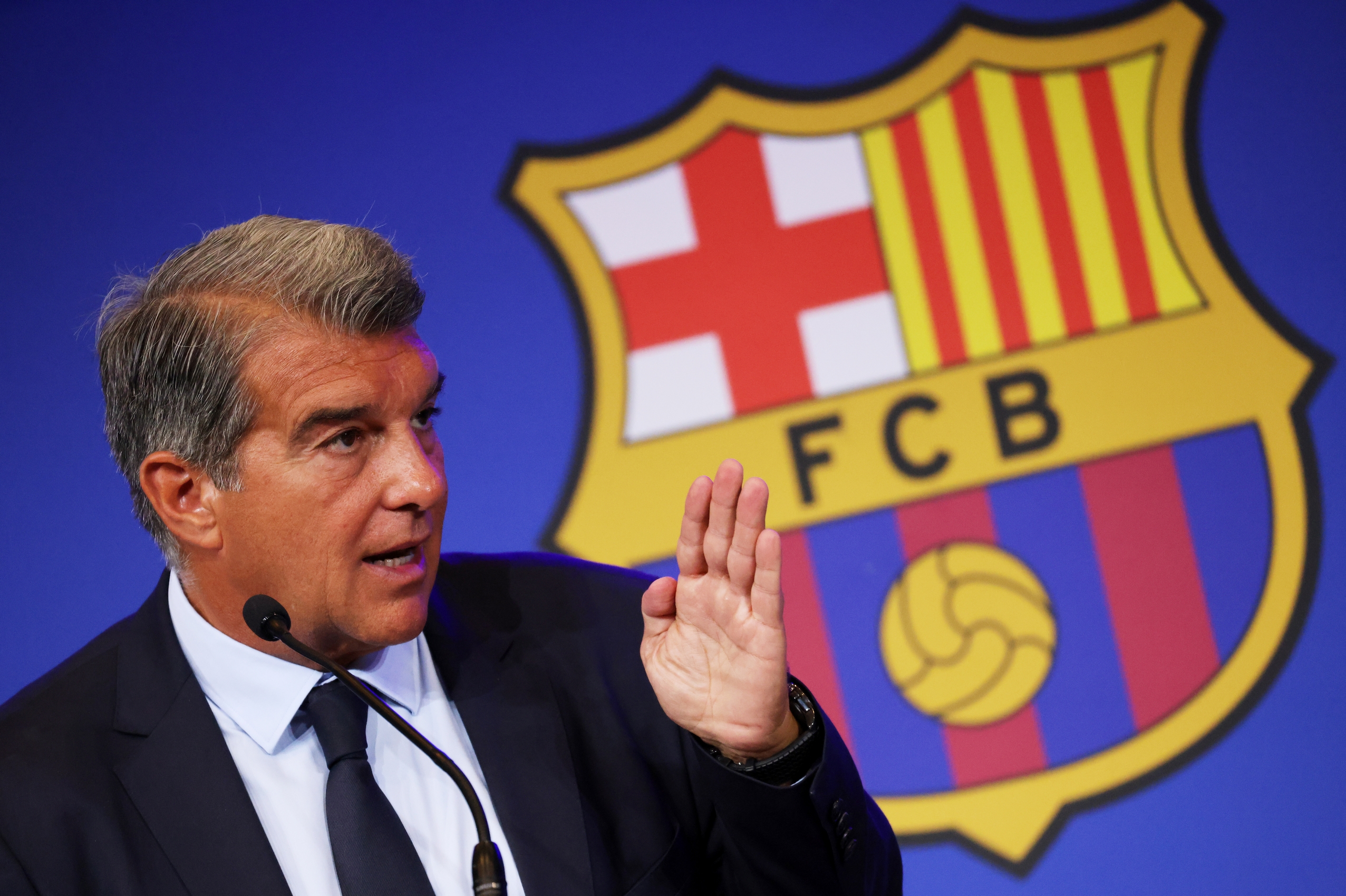 Soccer Football - FC Barcelona Press Conference - 1899 Auditorium, Barcelona, Spain - August 16, 2021 FC Barcelona president Joan Laporta during the press conference REUTERS