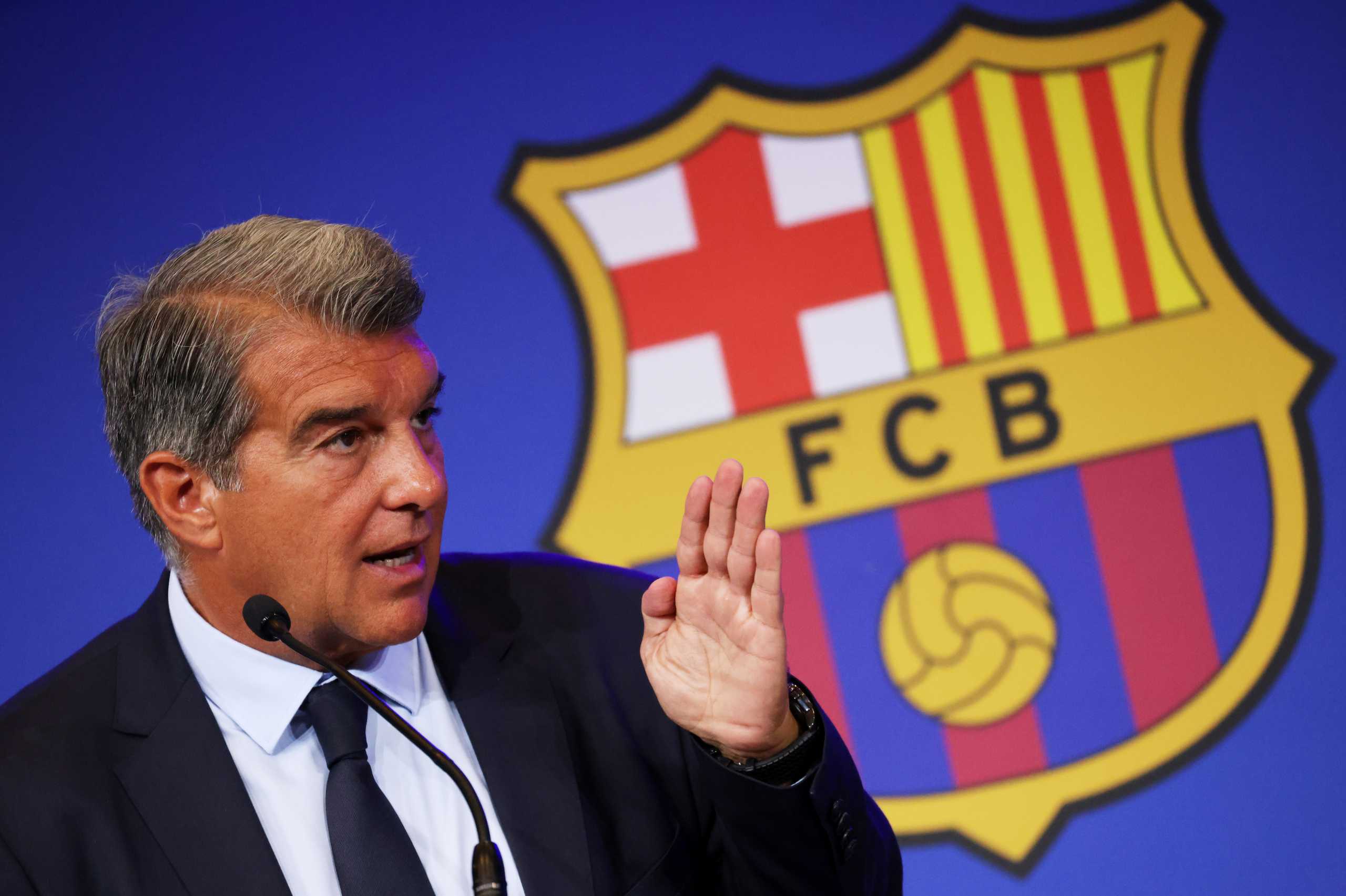 Soccer Football - FC Barcelona Press Conference - 1899 Auditorium, Barcelona, Spain - August 16, 2021 FC Barcelona president Joan Laporta during the press conference REUTERS