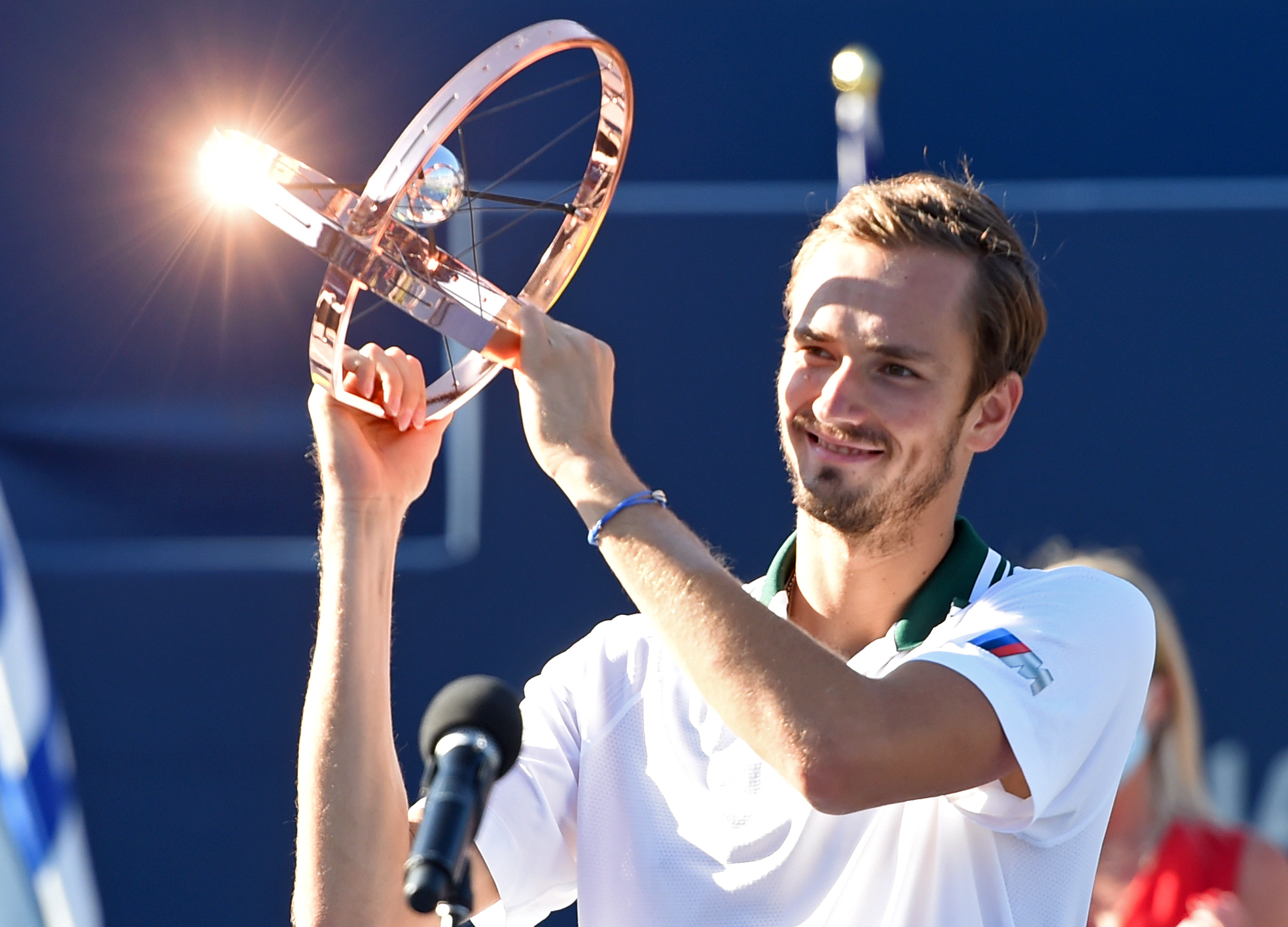 Aug 15, 2021; Toronto, Ontario, Canada; Daniil Medvedev of Russia poses with the trophy after defeating Reilly Opelka of the United States (not pictured) in the finals of the National Bank Open at Aviva Centre. Mandatory Credit: Dan Hamilton-USA TODAY Sports