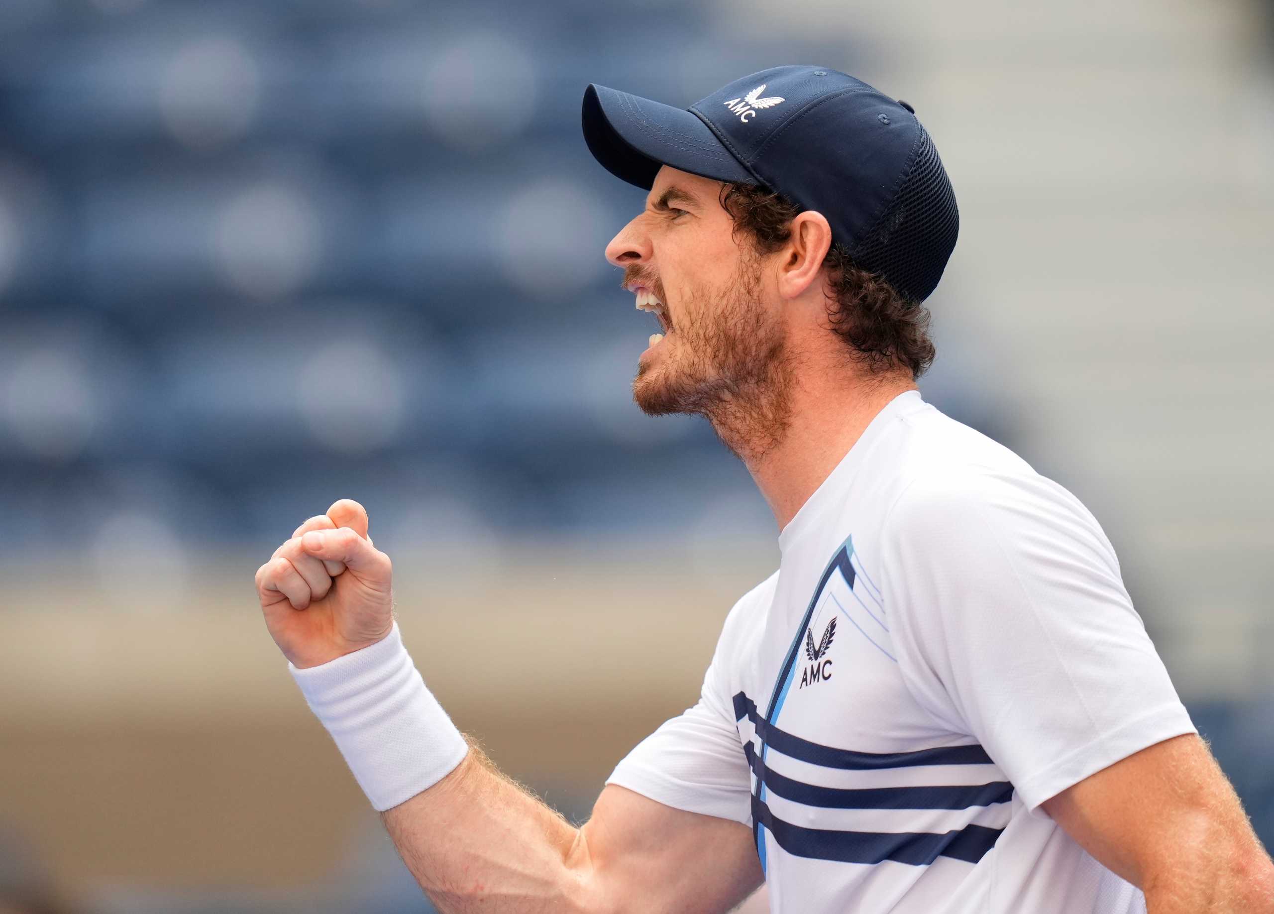 Aug 30, 2021; Flushing, NY, USA; Andy Murray of Great Britain reacts to a winner against Stefanos Tsitsipas of Greece (not pictured) on day one of the 2021 U.S. Open tennis tournament at USTA Billie King National Tennis Center. Mandatory Credit: Robert Deutsch-USA TODAY Sports