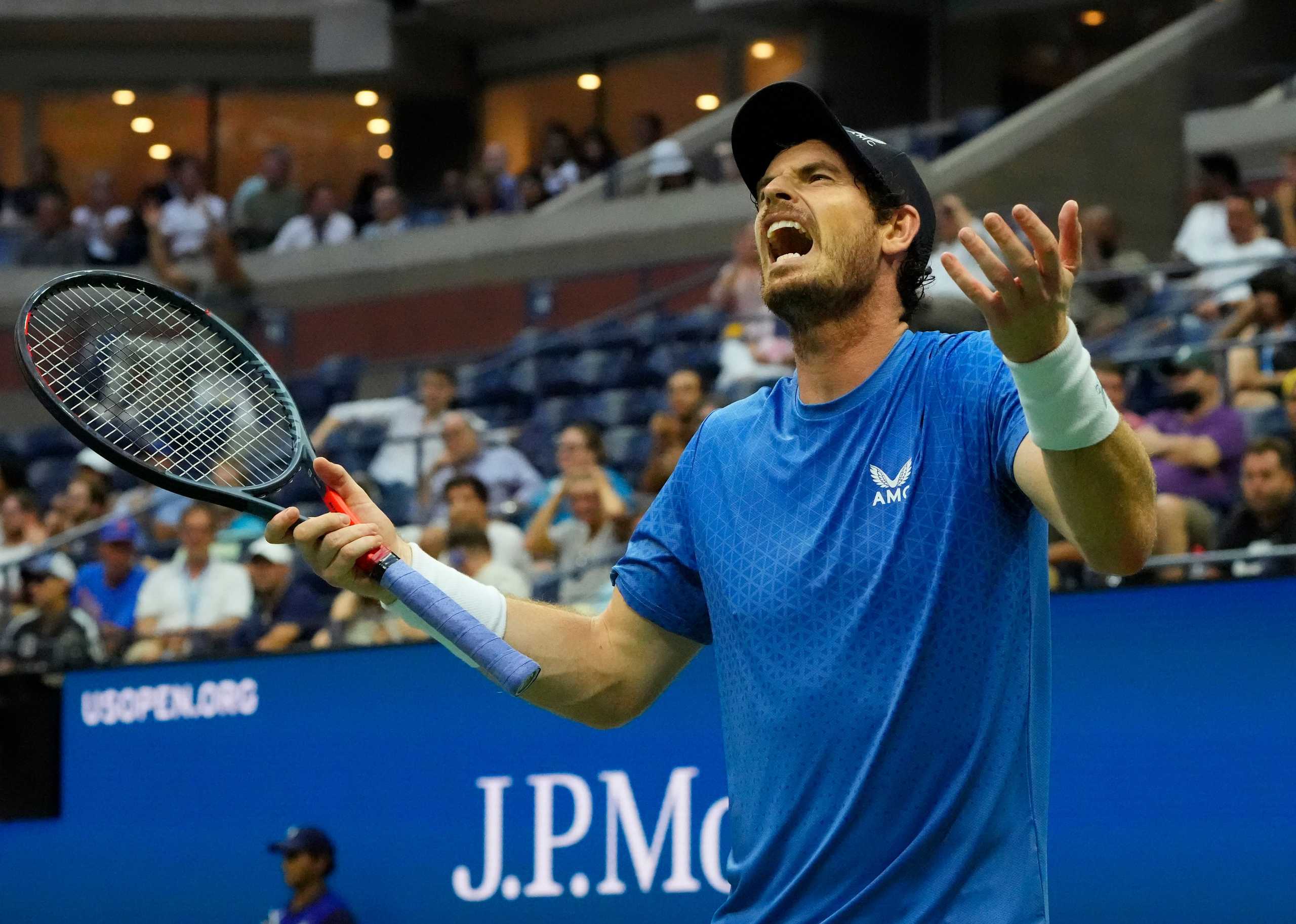 Aug 30, 2021; Flushing, NY, USA; Andy Murray of Great Britain after a 5th set miss to Stefanos Tsitsipas of Greece on day one of the 2021 U.S. Open tennis tournament at USTA Billie King National Tennis Center. Mandatory Credit: Robert Deutsch-USA TODAY Sports