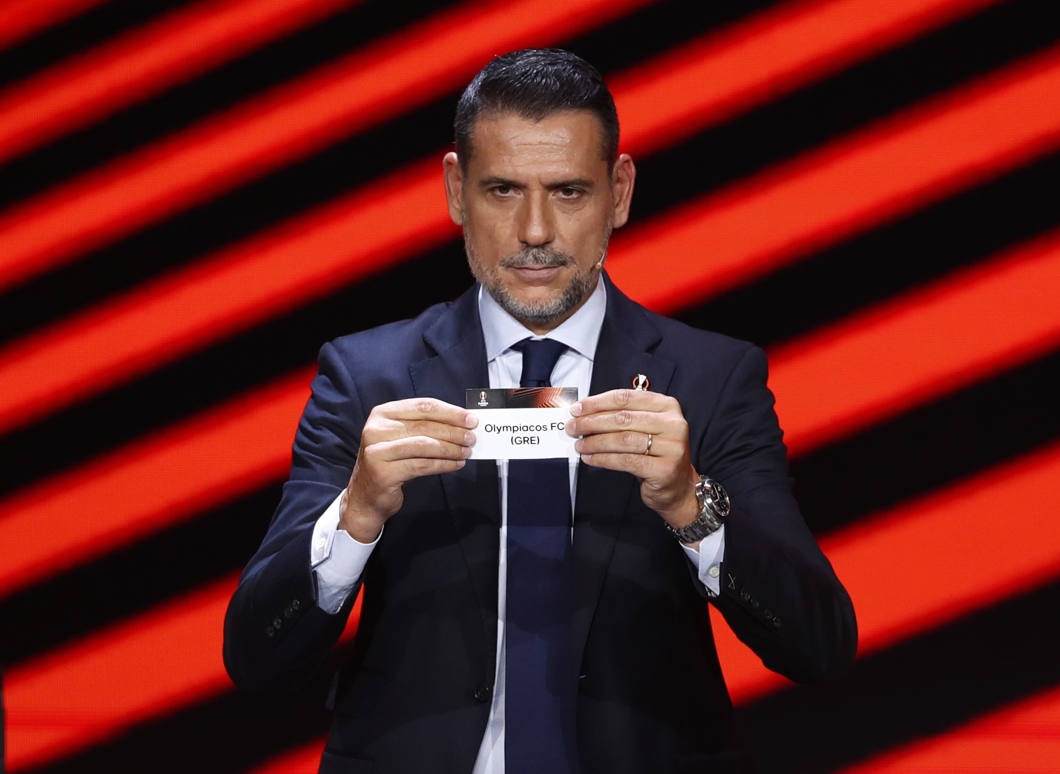 Soccer Football - Europa League and Europa Conference League Group Stage Draws - Halic Congress Center, Istanbul, Turkey - August 27, 2021 Andres Palop draws Olympiacos during the Europa League Group Stage Draw REUTERS