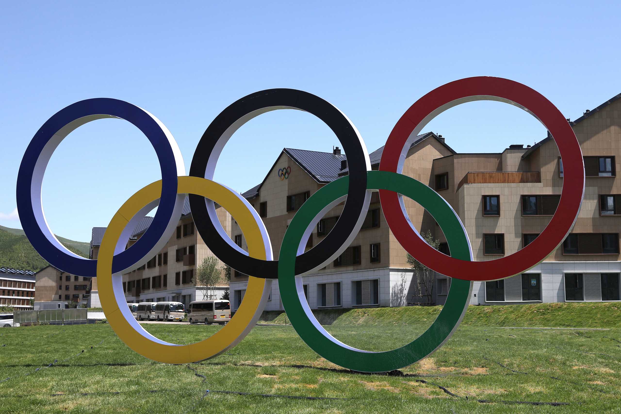 A giant monument of Olympic Rings is seen at the Zhangjiakou Olympic and Paralympic village for the Beijing 2022 Winter Olympic Games during an organised media tour in Zhangjiakou, Hebei province, China July 14, 2021. Picture taken July 14, 2021. REUTERS