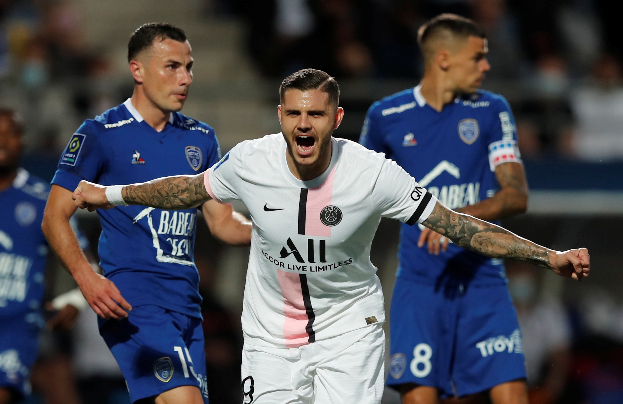 Soccer Football - Ligue 1 - Troyes v Paris St Germain - Stade de l'Aube, Troyes, France - August 7, 2021 Paris St Germain's Mauro Icardi celebrates scoring their second goal REUTERS