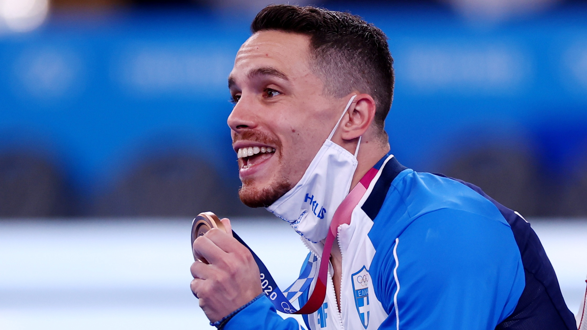 Tokyo 2020 Olympics - Gymnastics - Artistic - Men's Rings - Medal Ceremony - Ariake Gymnastics Centre, Tokyo, Japan - August 2, 2021. Bronze medallist Eleftherios Petrounias of Greece celebrates on the podium with his medal REUTERS
