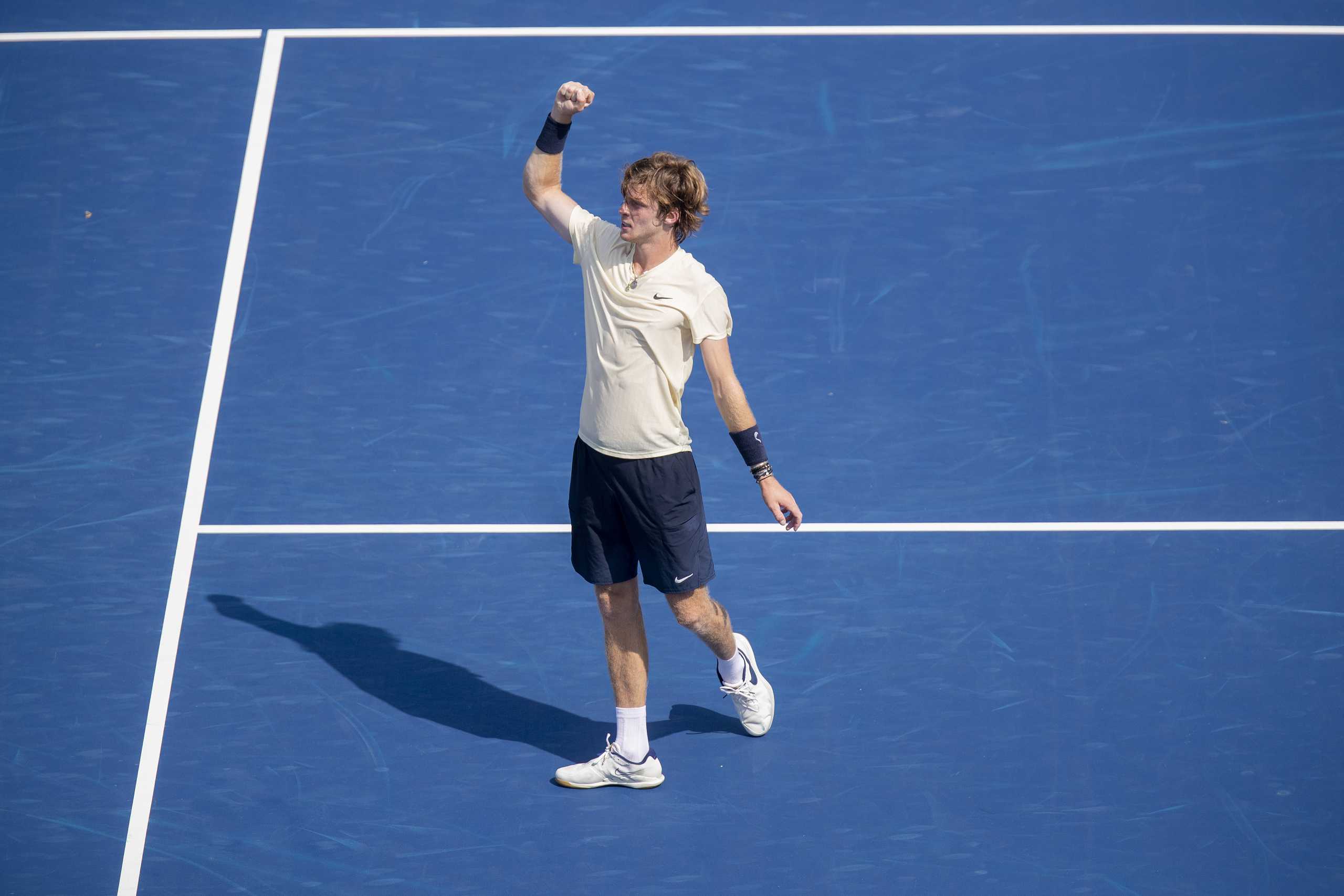 Aug 21, 2021; Mason, OH, USA; Andrey Rublev (RUS) celebrates winning his semifinal match against Daniil Medvedev (RUS not pictured) during the Western and Southern Open at the Lindner Family Tennis Center. Mandatory Credit: Susan Mullane-USA TODAY Sports