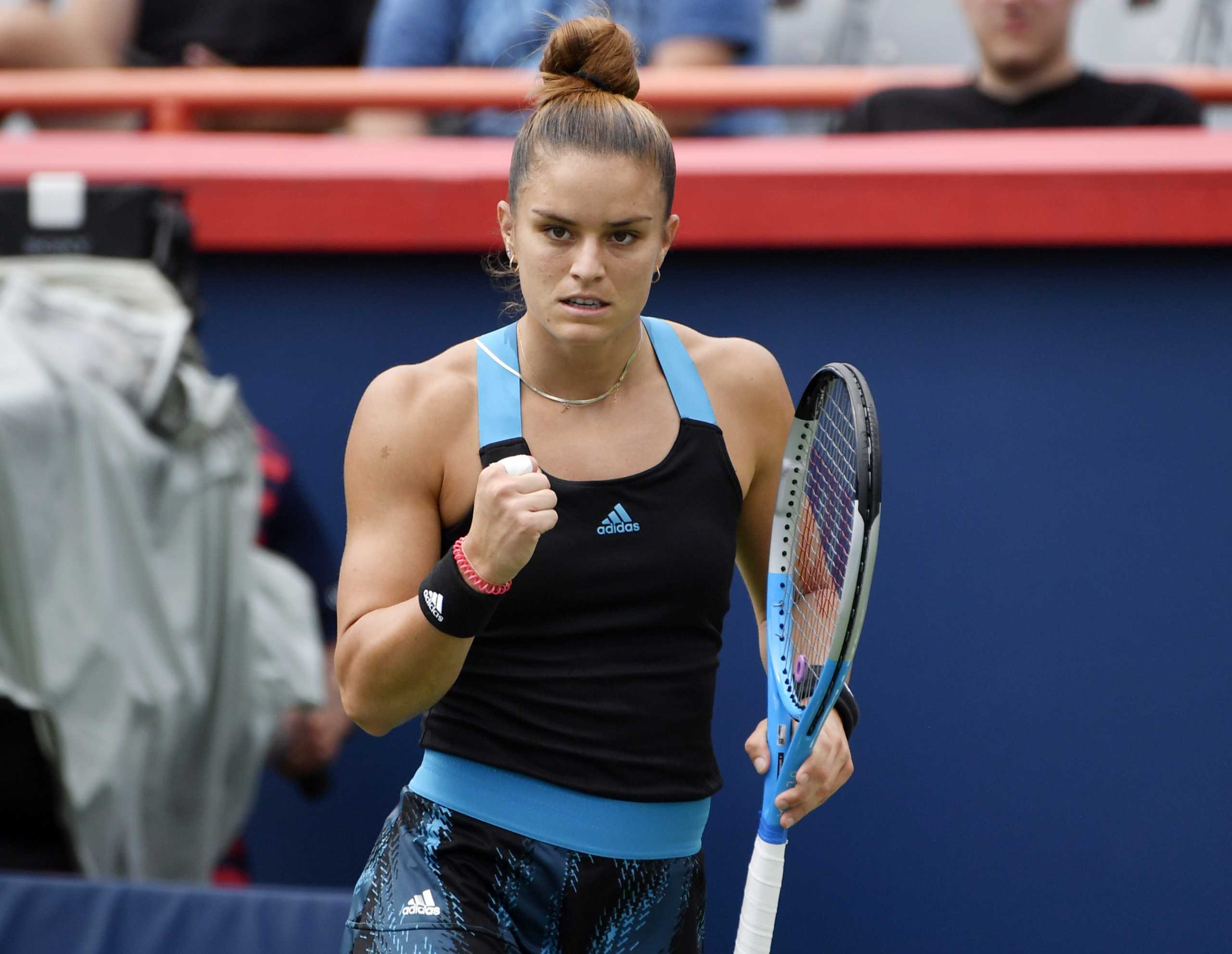 Aug 9, 2021; Montreal, Quebec, Canada; Maria Sakkari of Greece reacts after making a point against Maria Bouzkova of the Czech Republic (not pictured) during first round play at Stade IGA. Mandatory Credit: Eric Bolte-USA TODAY Sports