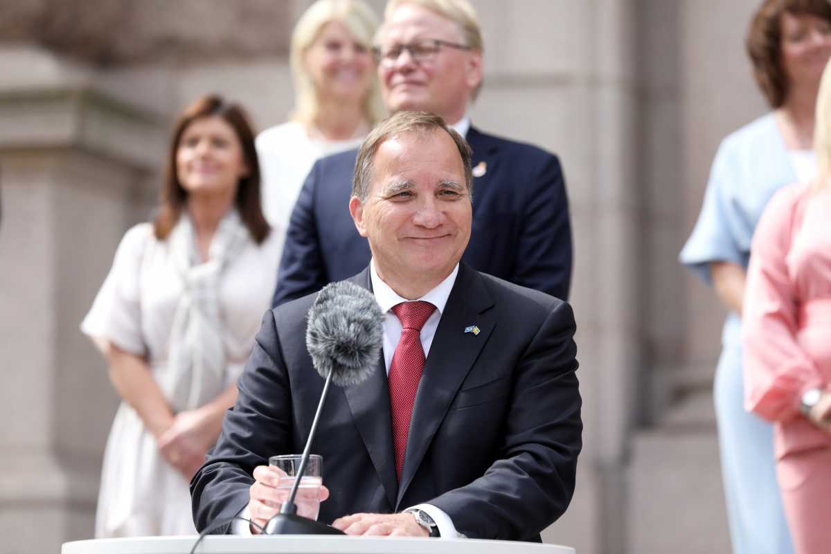 FILE PHOTO: Swedish Prime Minister Stefan Lofven holds a news conference at Riksplan after presenting the new cabinet in the parliament, in Stockholm, Sweden July 9, 2021. Christine Olsson
