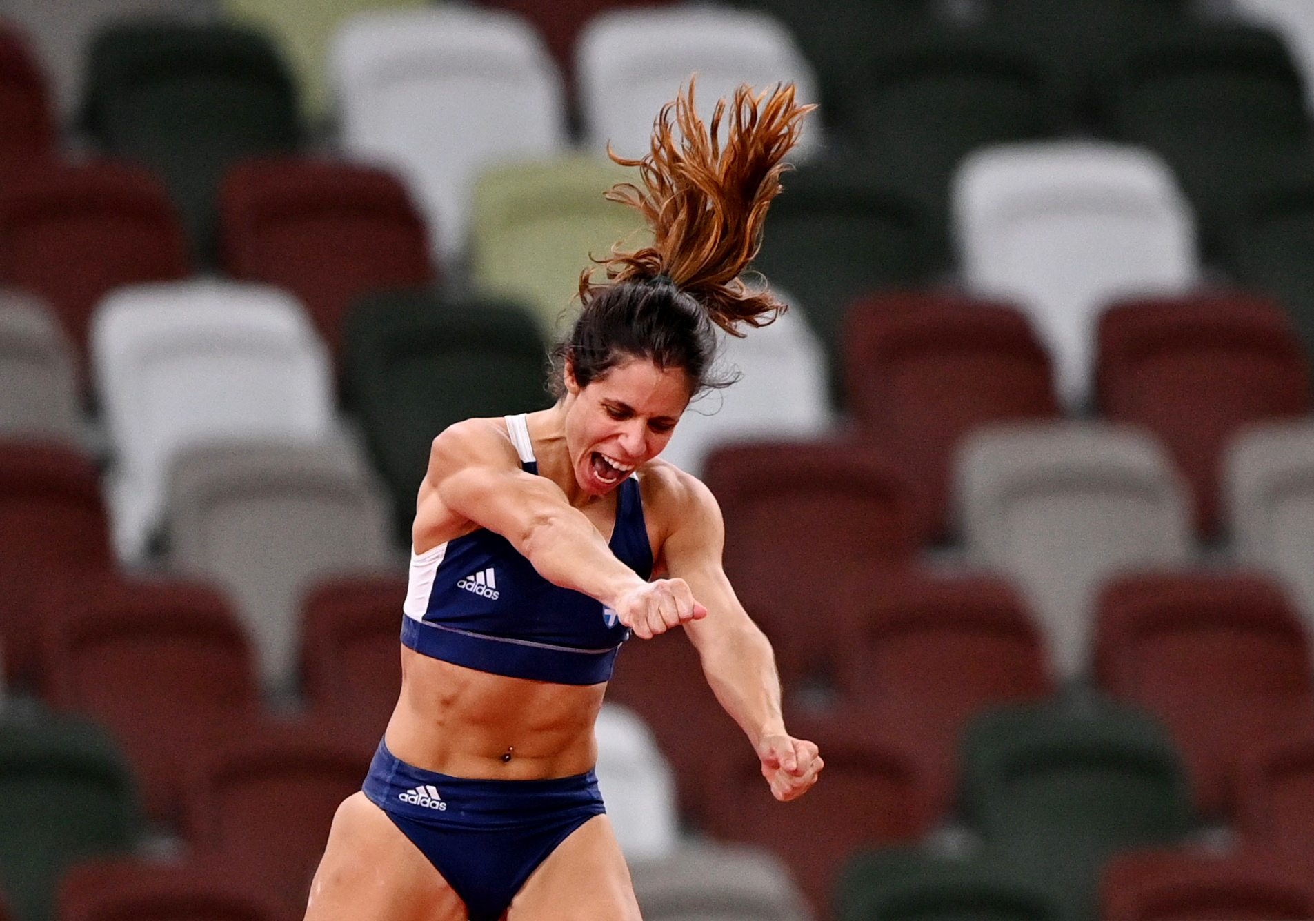 Tokyo 2020 Olympics - Athletics - Women's Pole Vault - Final - Olympic Stadium, Tokyo, Japan - August 5, 2021. Katerina Stefanidi of Greece reacts REUTERS
